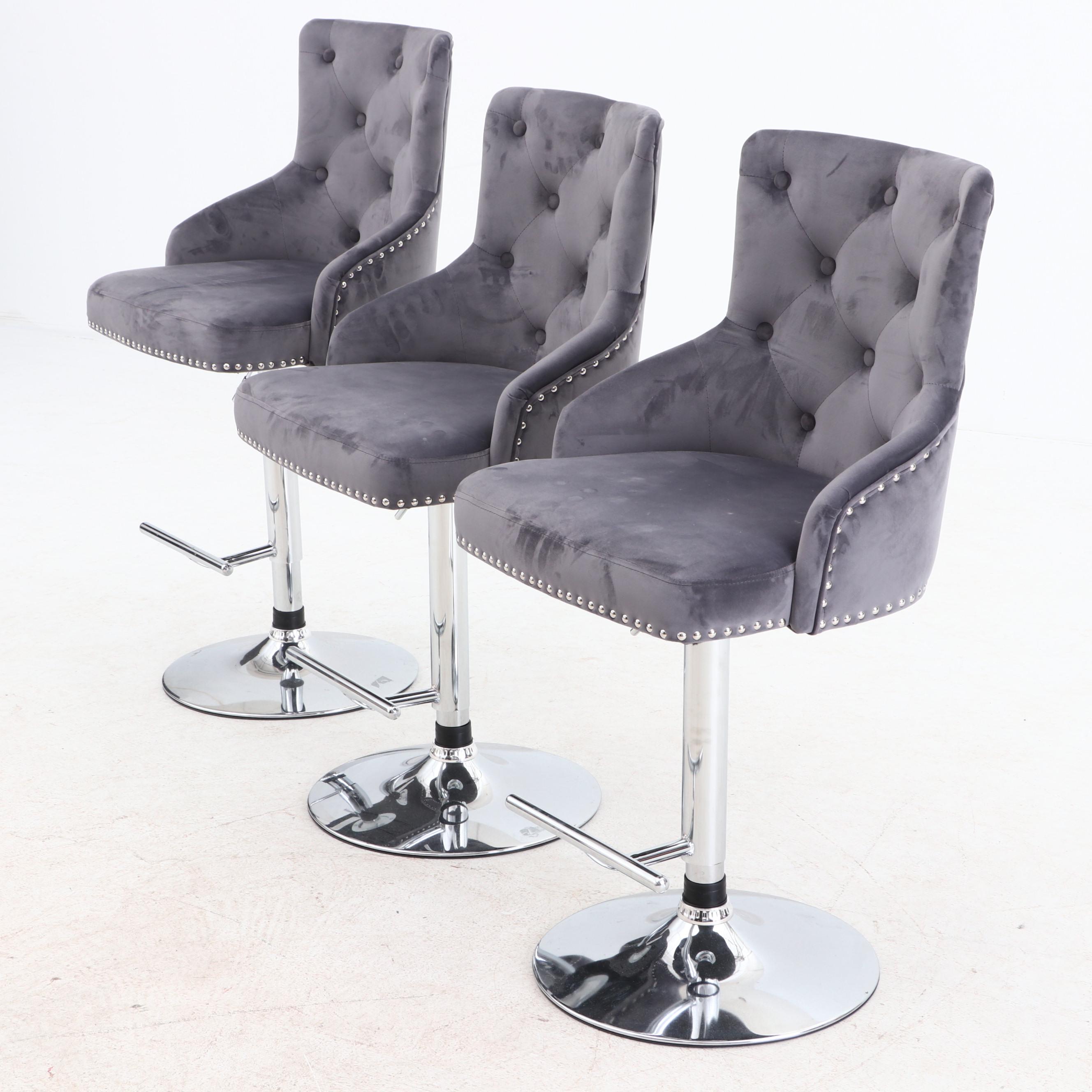 Modernist Chrome and Velour Bar Stools EBTH