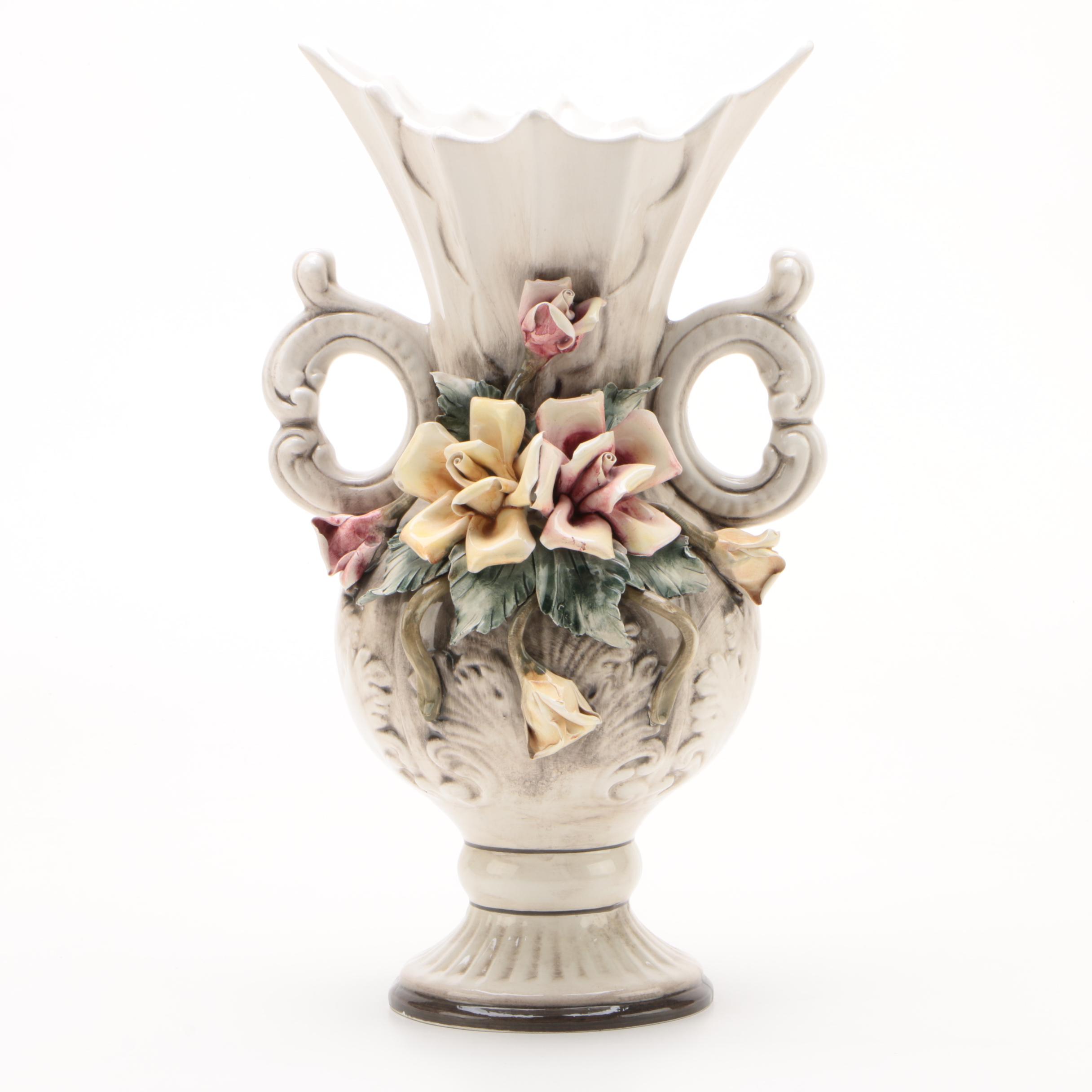 Capodimonte Ceramic Vase With Three Dimensional Flower Motif Ebth