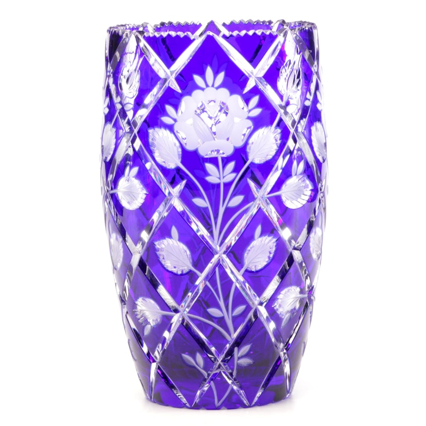 Cobalt Blue Cut to Clear Crystal Vase | EBTH