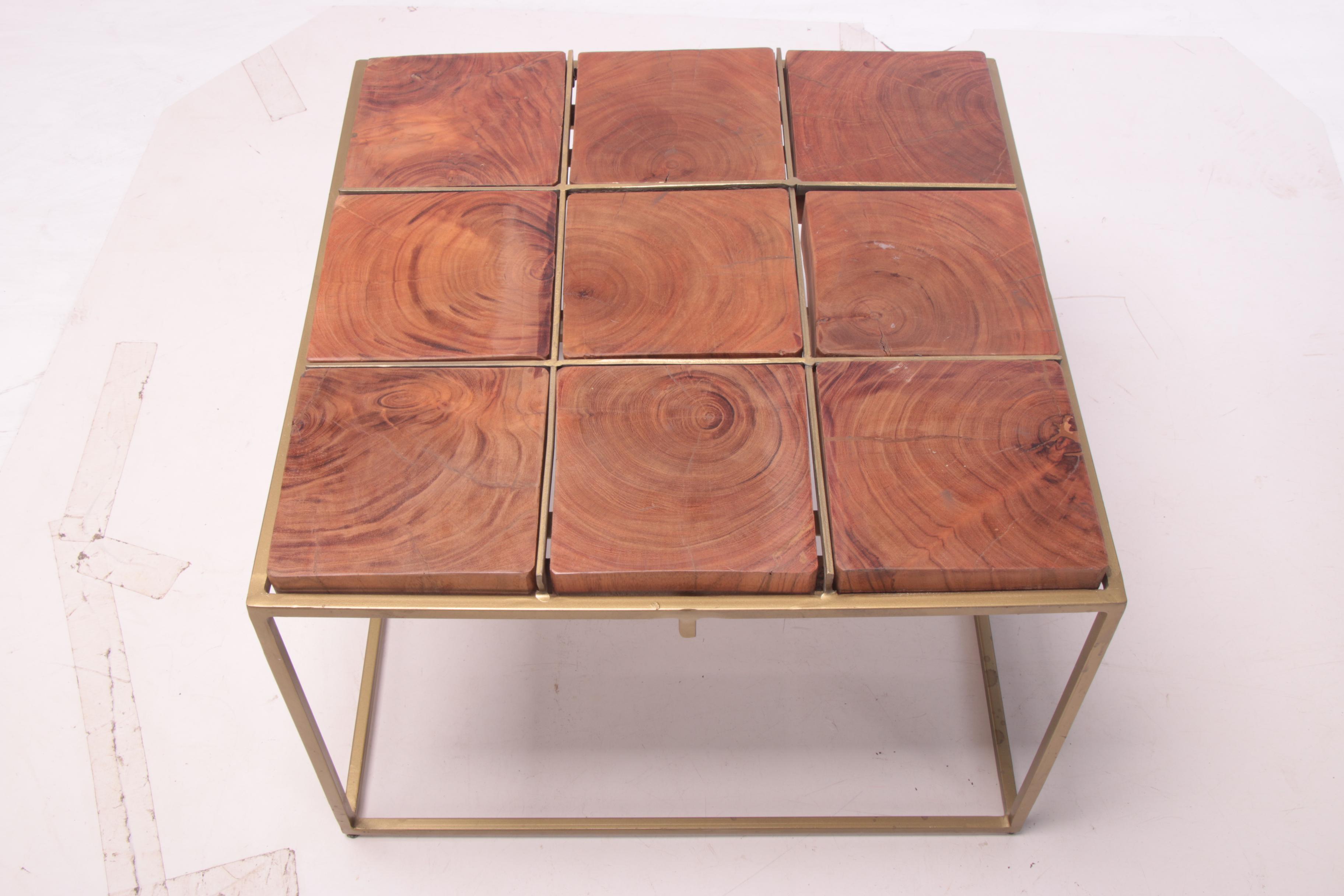 "Crosscut" Acacia and Gold Tone Metal Coffee Table EBTH