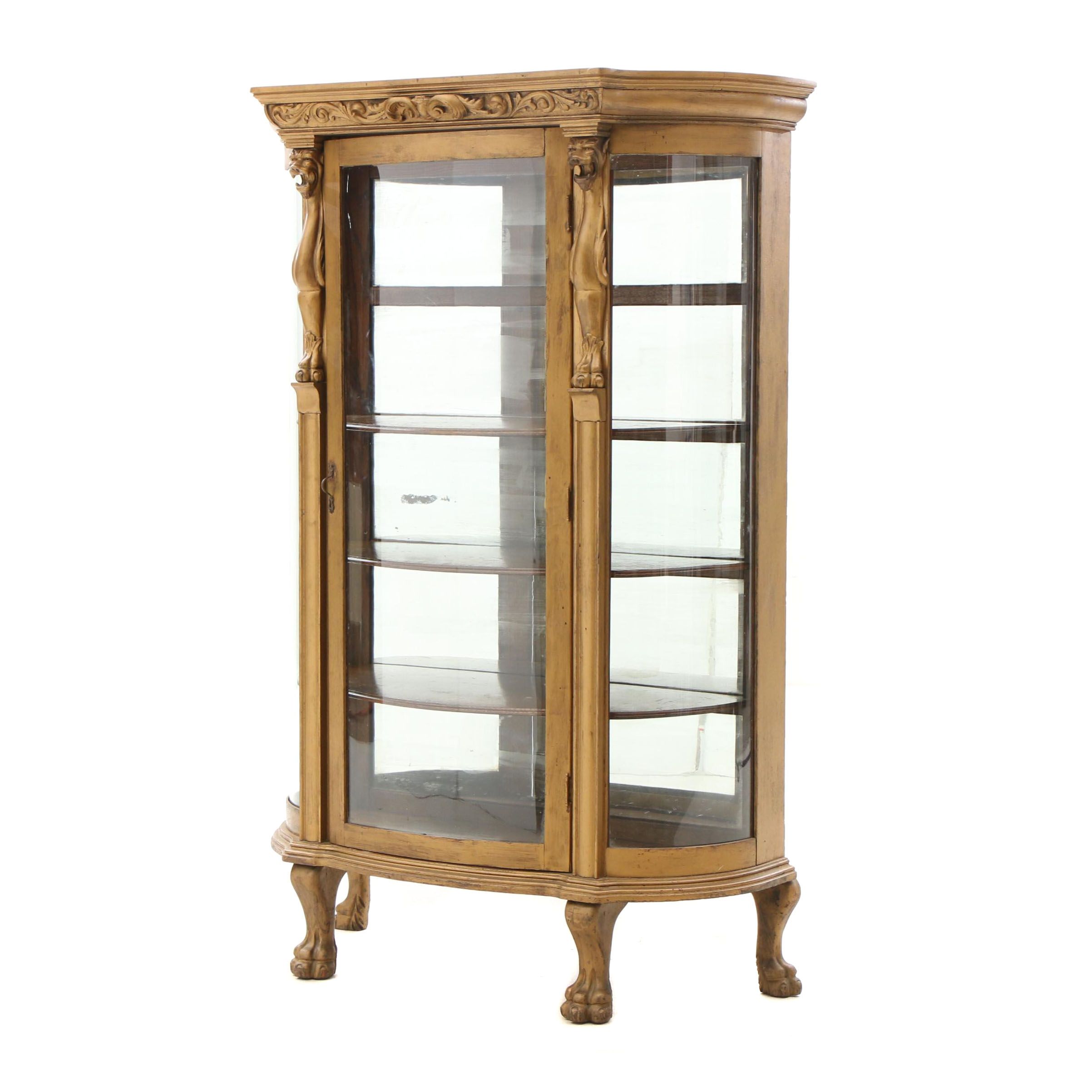 Antique Bow Front Gilt Painted Oak China Cabinet With Lion Decor
