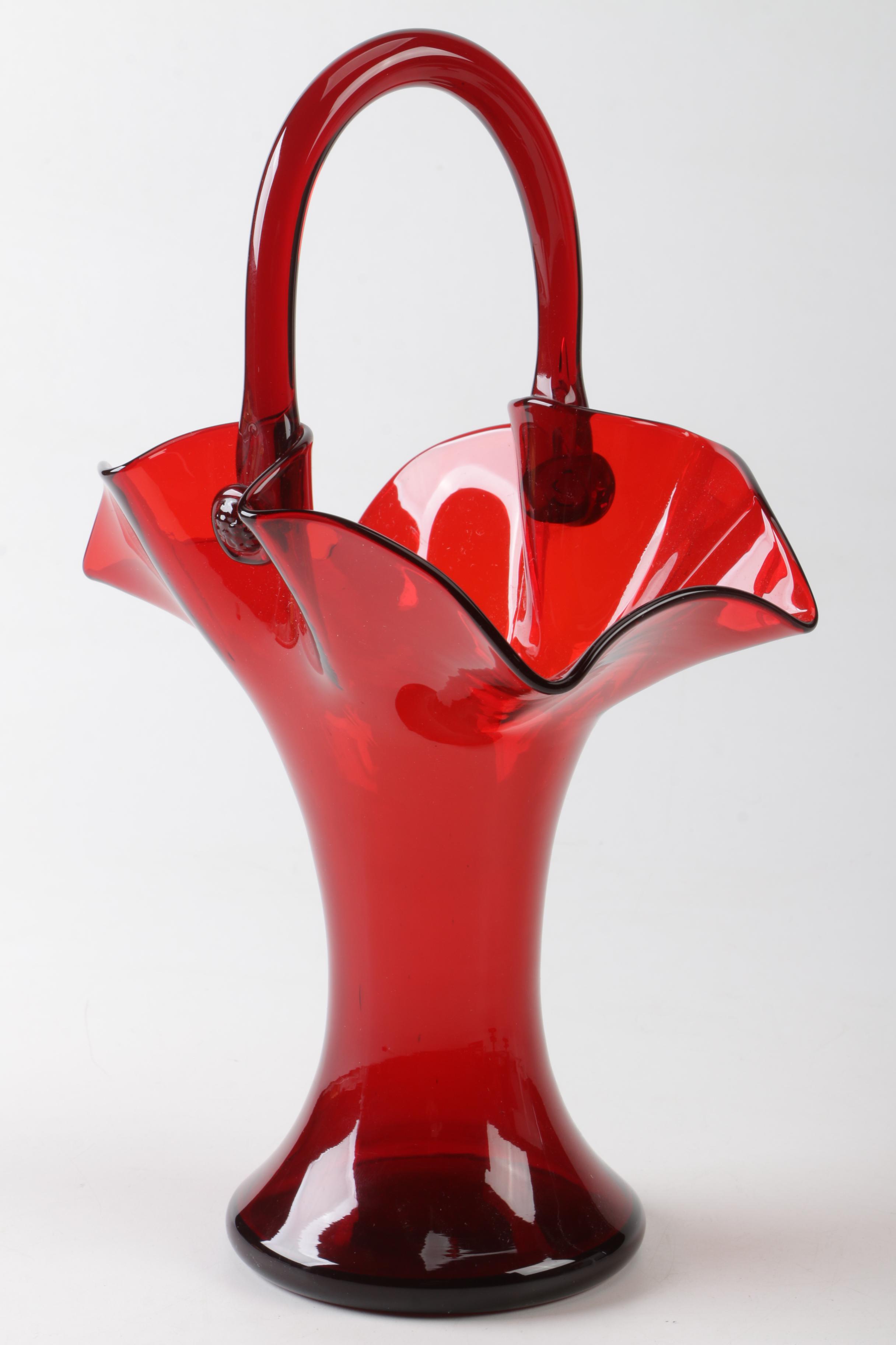 Steuben Selenium Red Art Glass Basket and Glasses, Early 20th Century