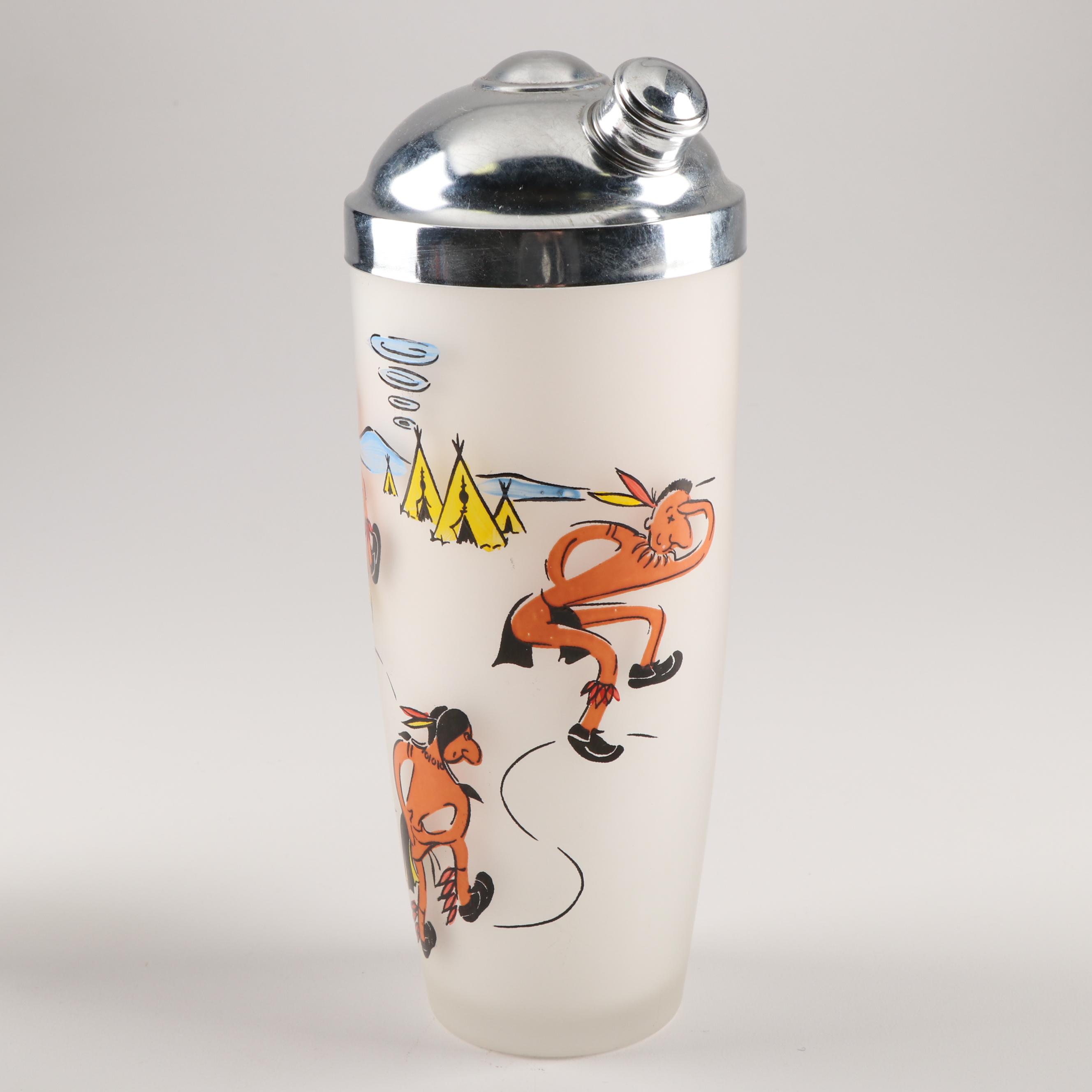 Decorated Frosted Glass Cocktail Shaker and Coordinating Stemware, Mid