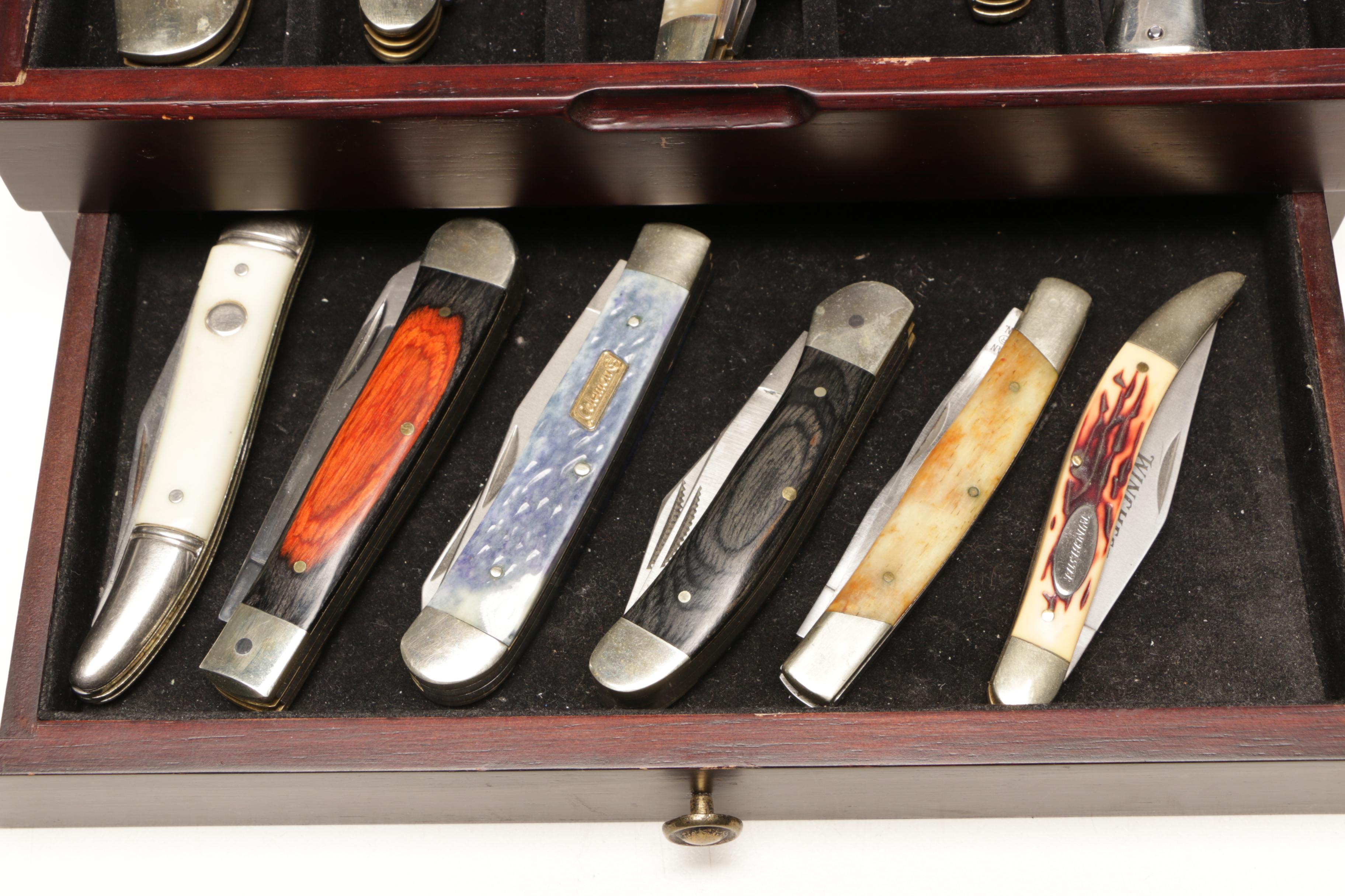 Quicksilver, Owl Head and Winchester Folding Pocket Knives in Wooden