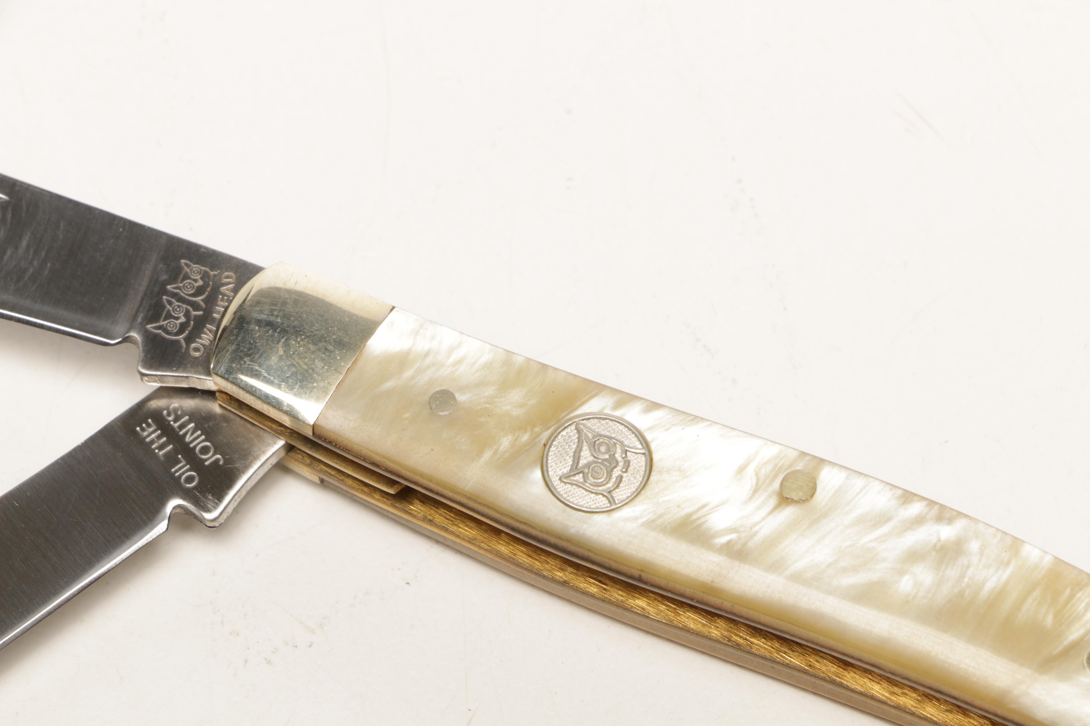 Quicksilver, Owl Head and Winchester Folding Pocket Knives in Wooden