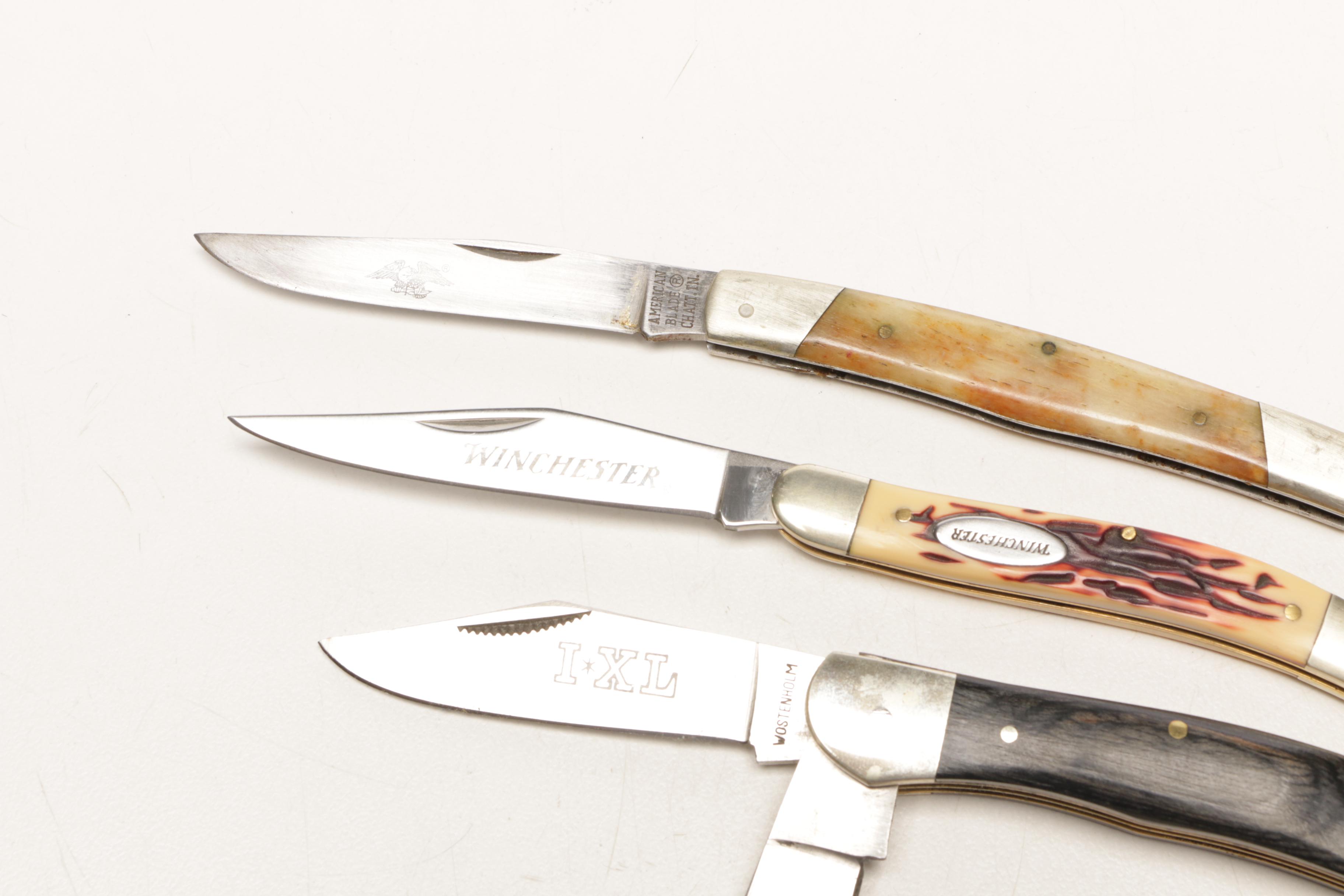 Quicksilver, Owl Head and Winchester Folding Pocket Knives in Wooden