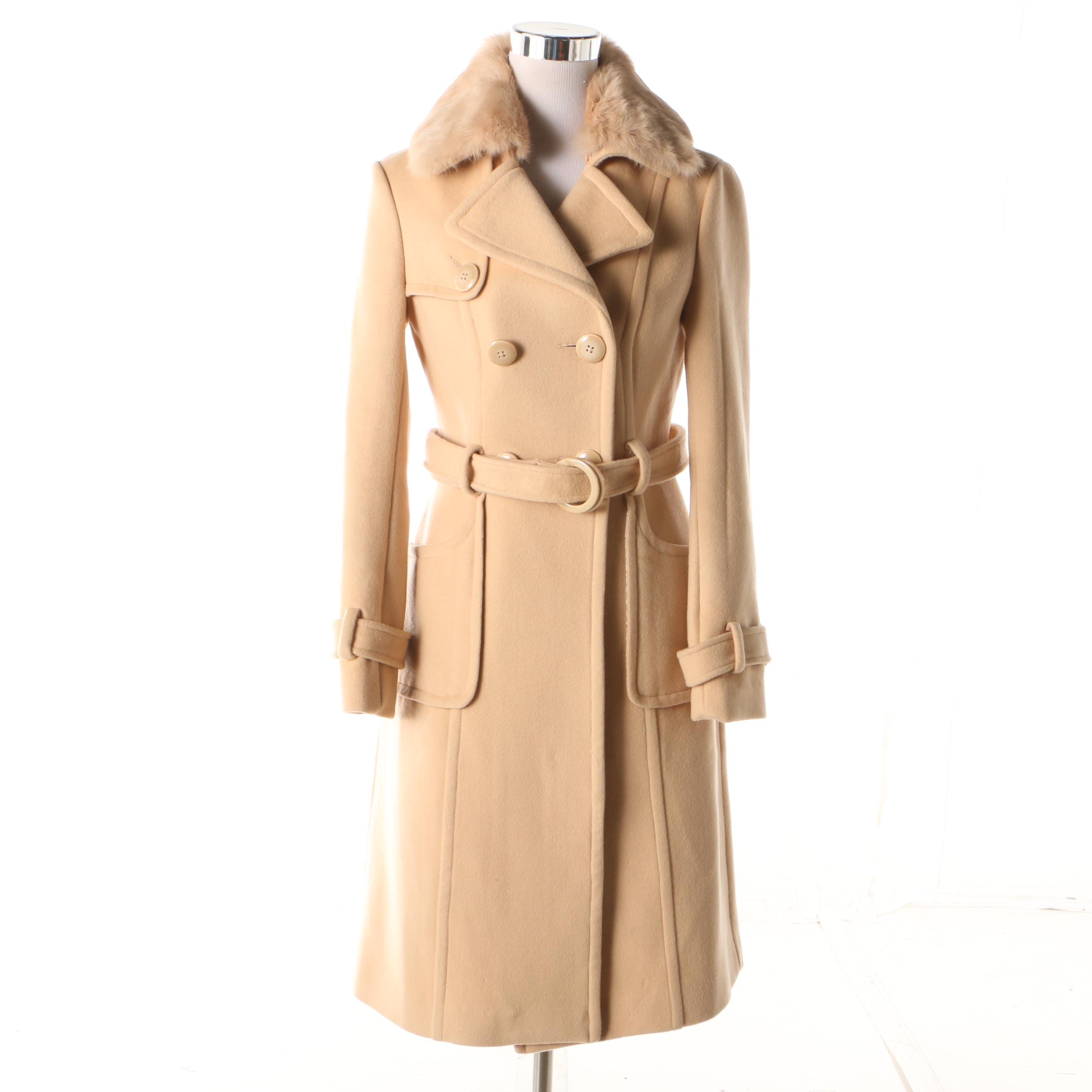 Women S Bebe Double Breasted Wool Blend Trench Coat With Rabbit Fur Collar Ebth
