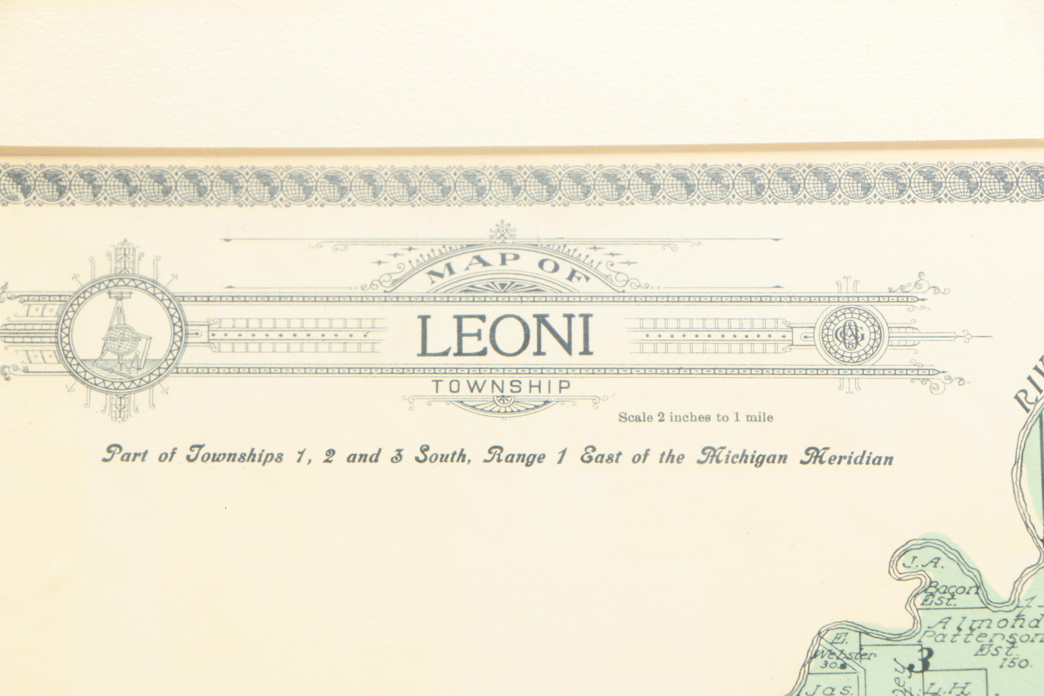Framed Map of Leoni Township, Michigan, 1900s EBTH