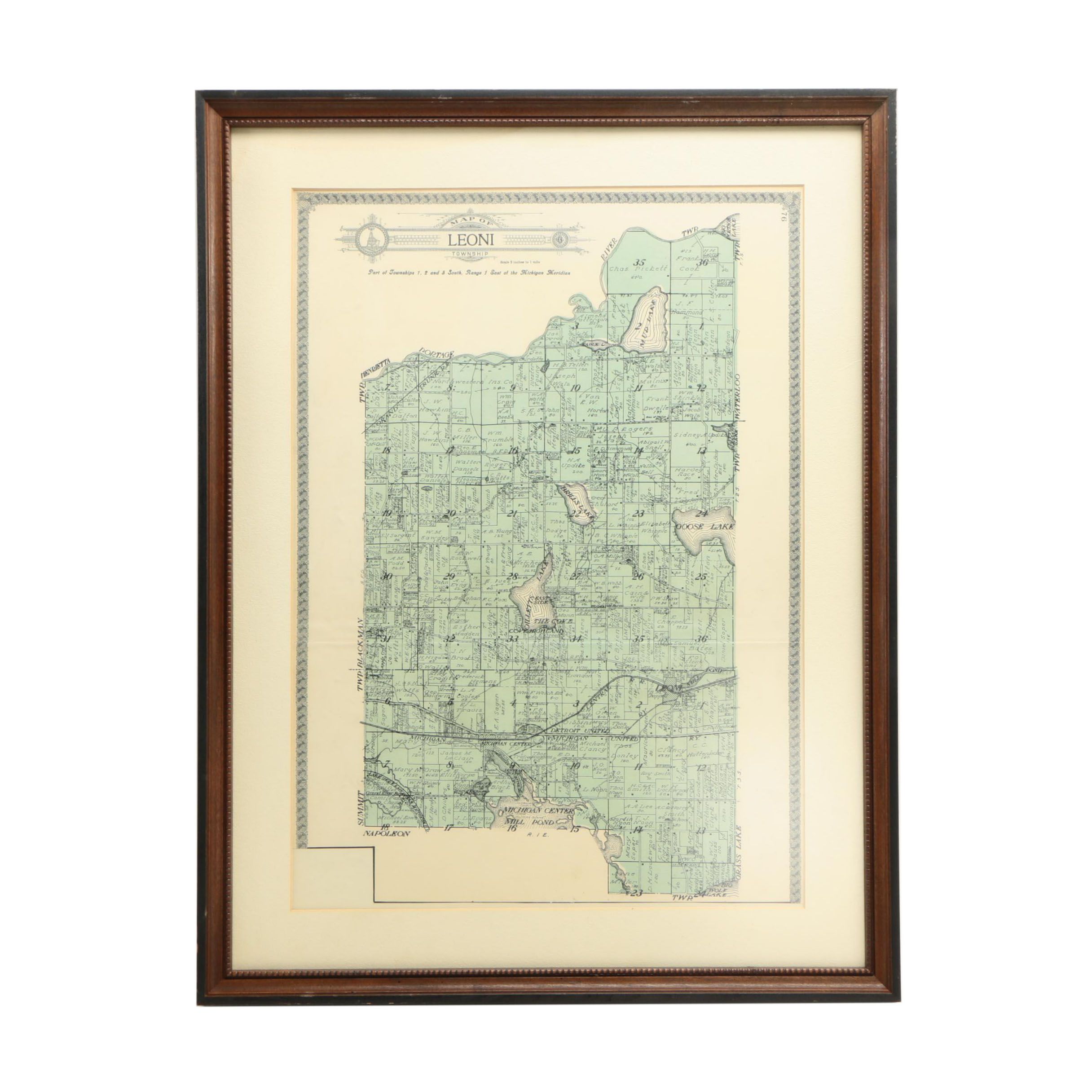 Framed Map of Leoni Township, Michigan, 1900s EBTH