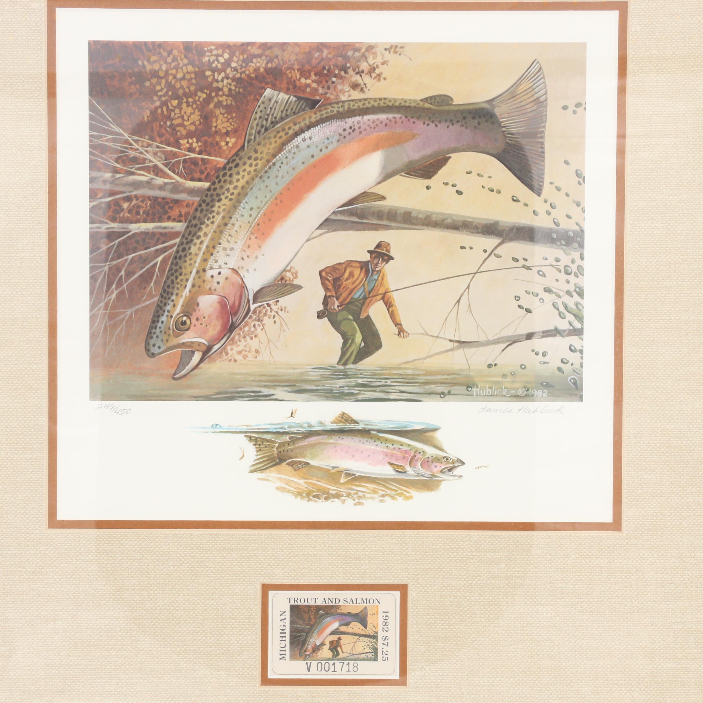 1982 James Hublick Michigan Trout and Salmon Stamp Print and Stamp EBTH