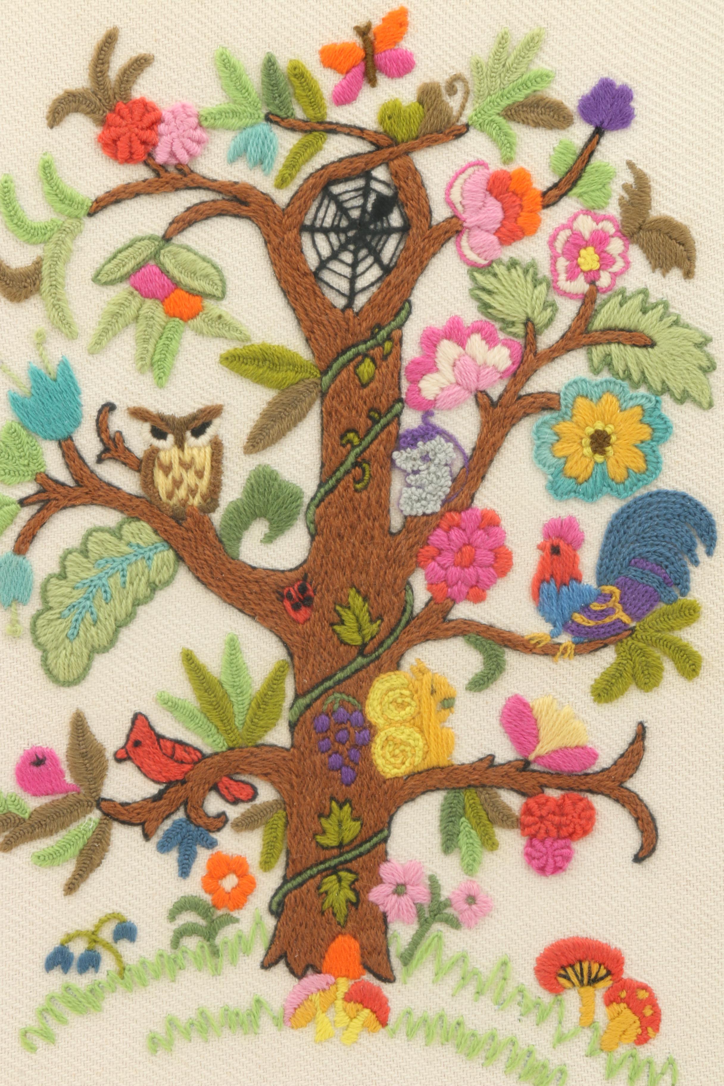 Framed Folk Art Crewel Embroidery Panel EBTH