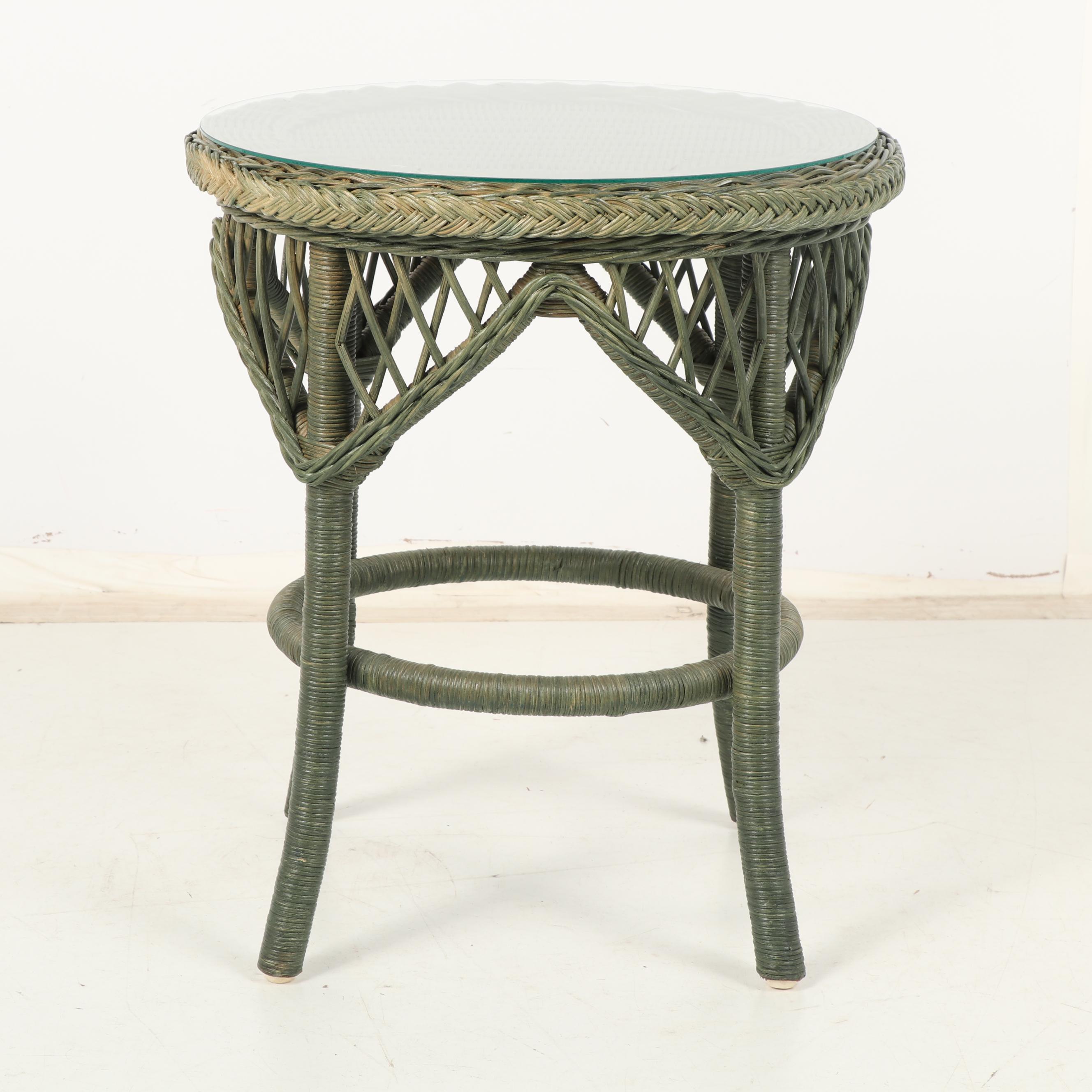 Round Wicker Accent Table with Green Finish EBTH