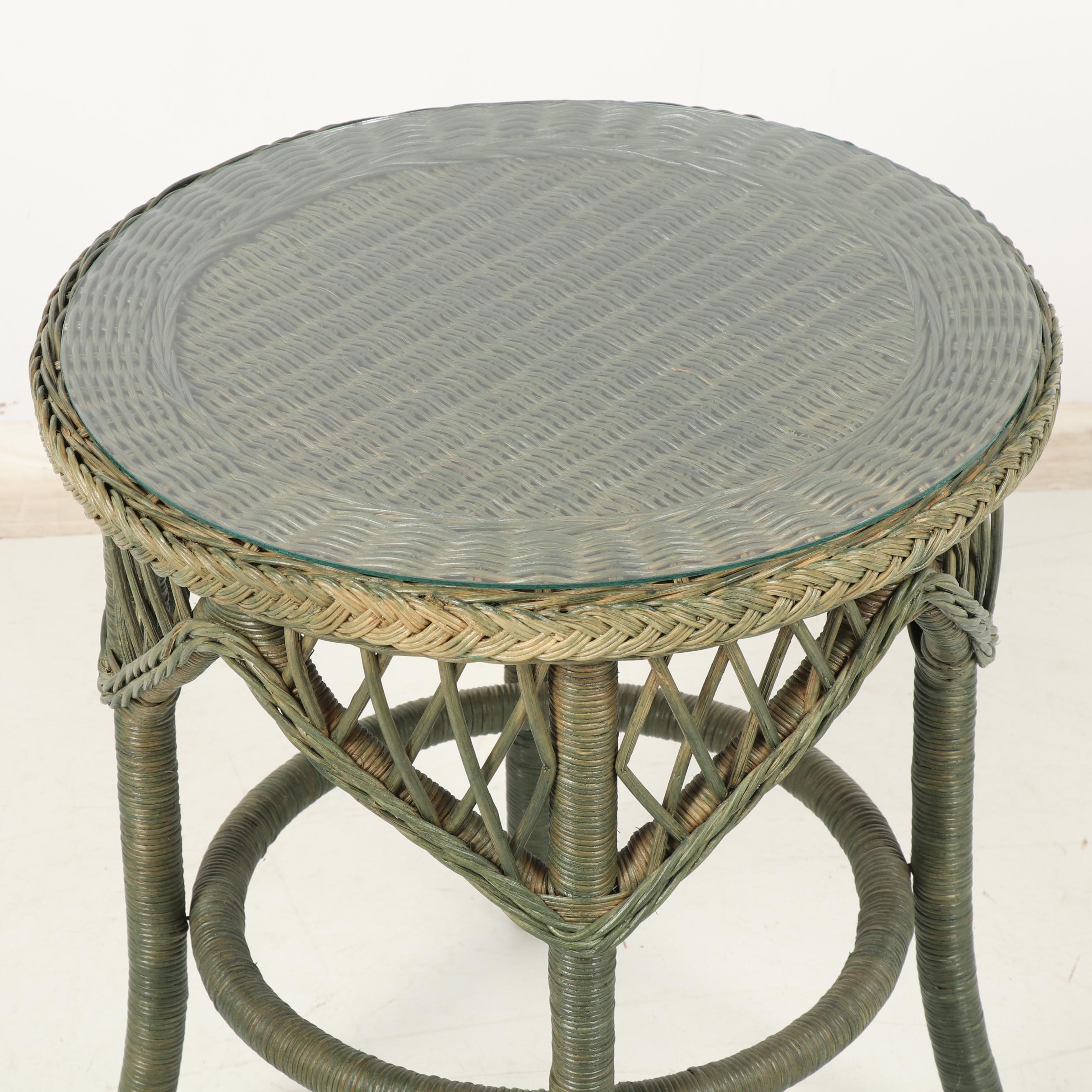 Round Wicker Accent Table with Green Finish EBTH