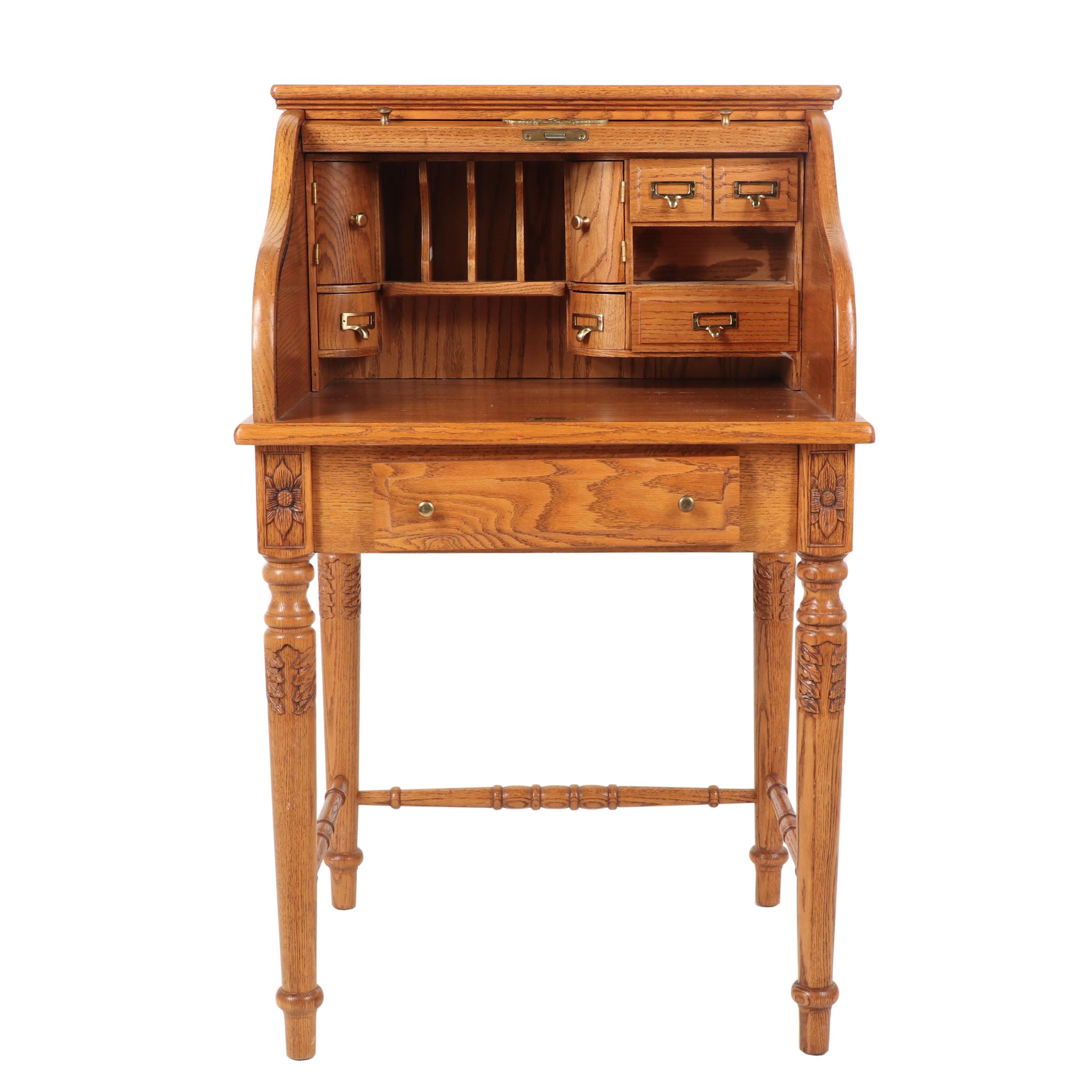 Vintage Oak Roll Top Secretary Desk By Eagle Craft 20th Century