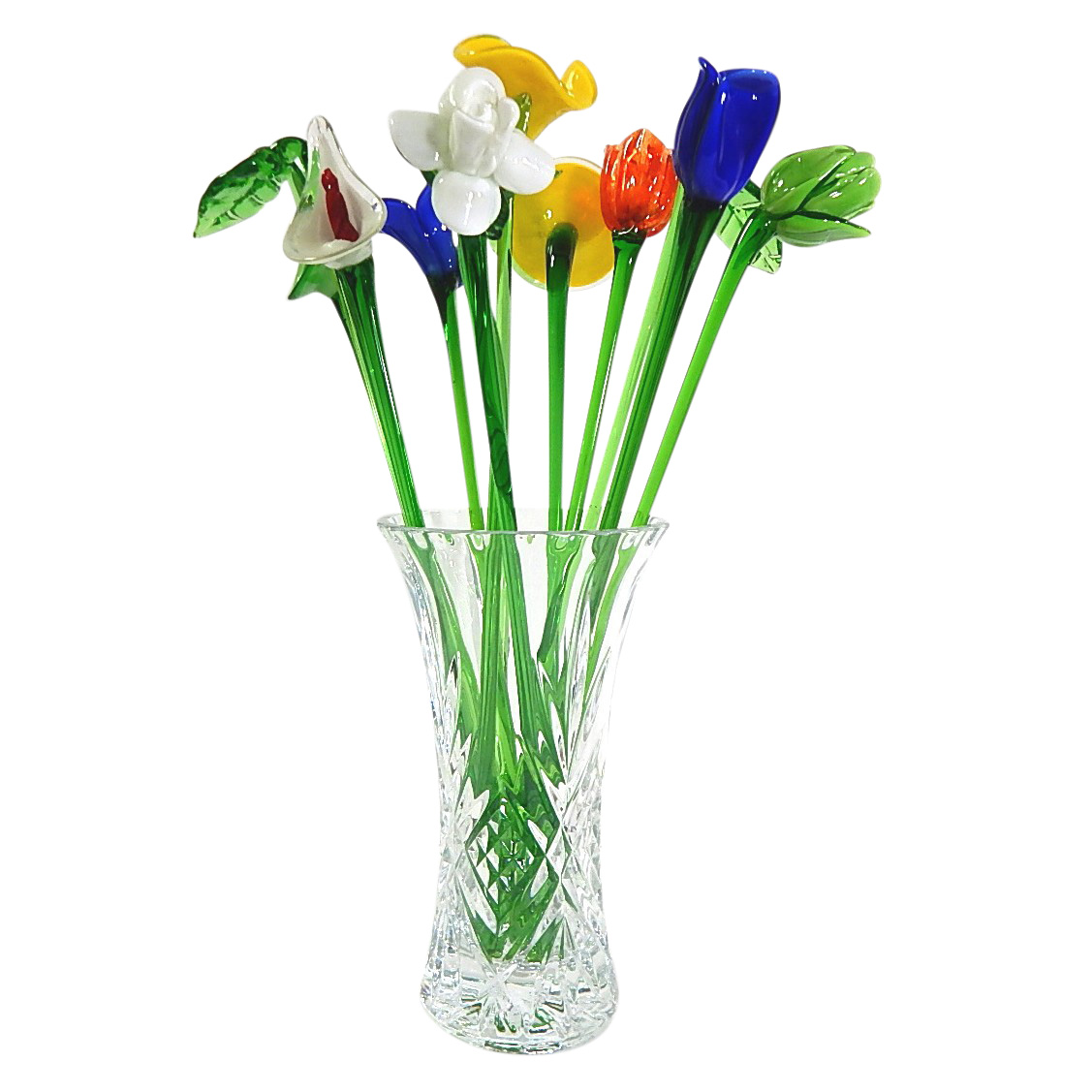 Decorative Hand Blown Glass Flower Stems and Pressed Glass Vase EBTH