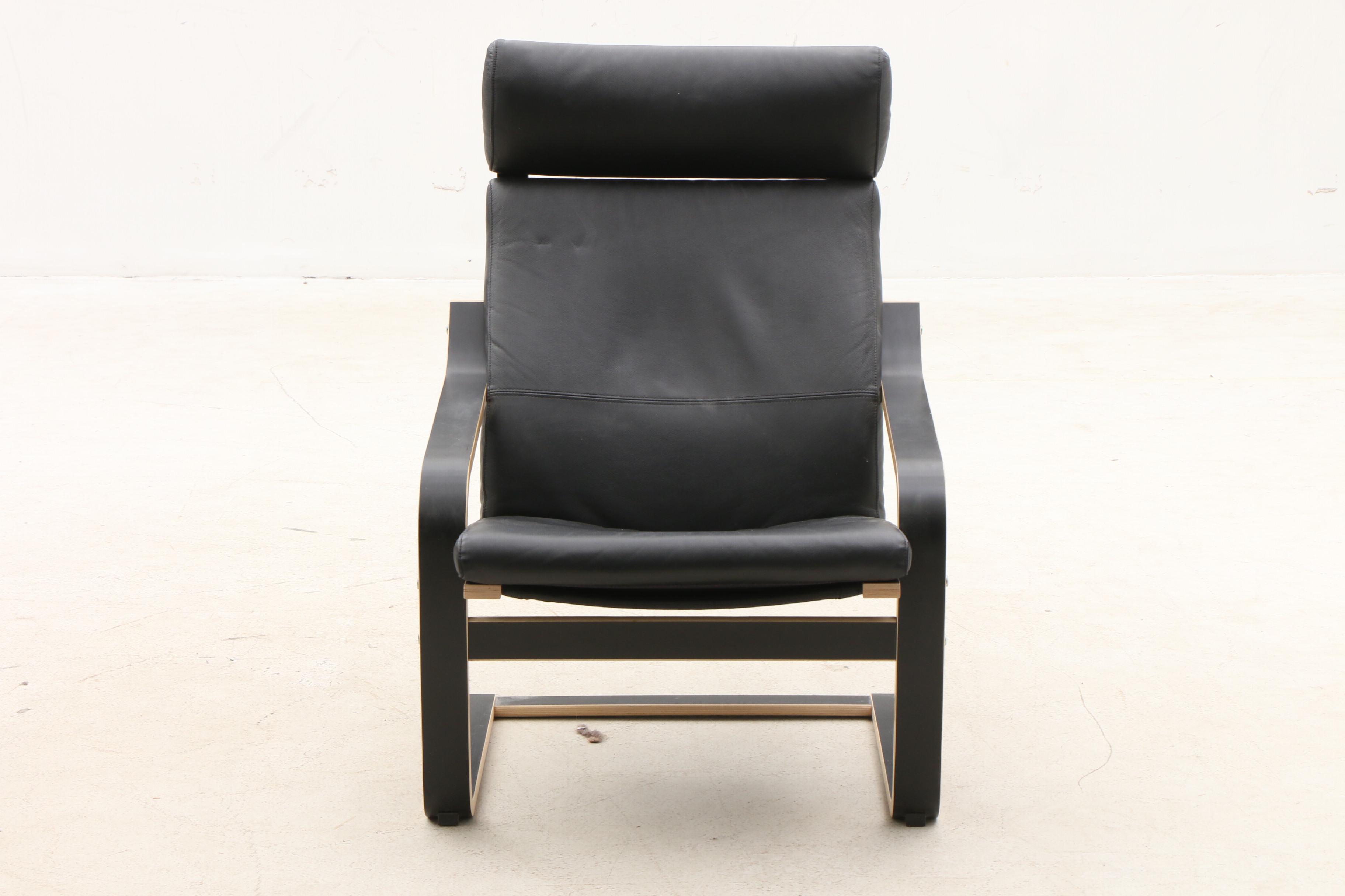 Ikea "Poang" Leather Lounge Chair with Ottoman in Black EBTH