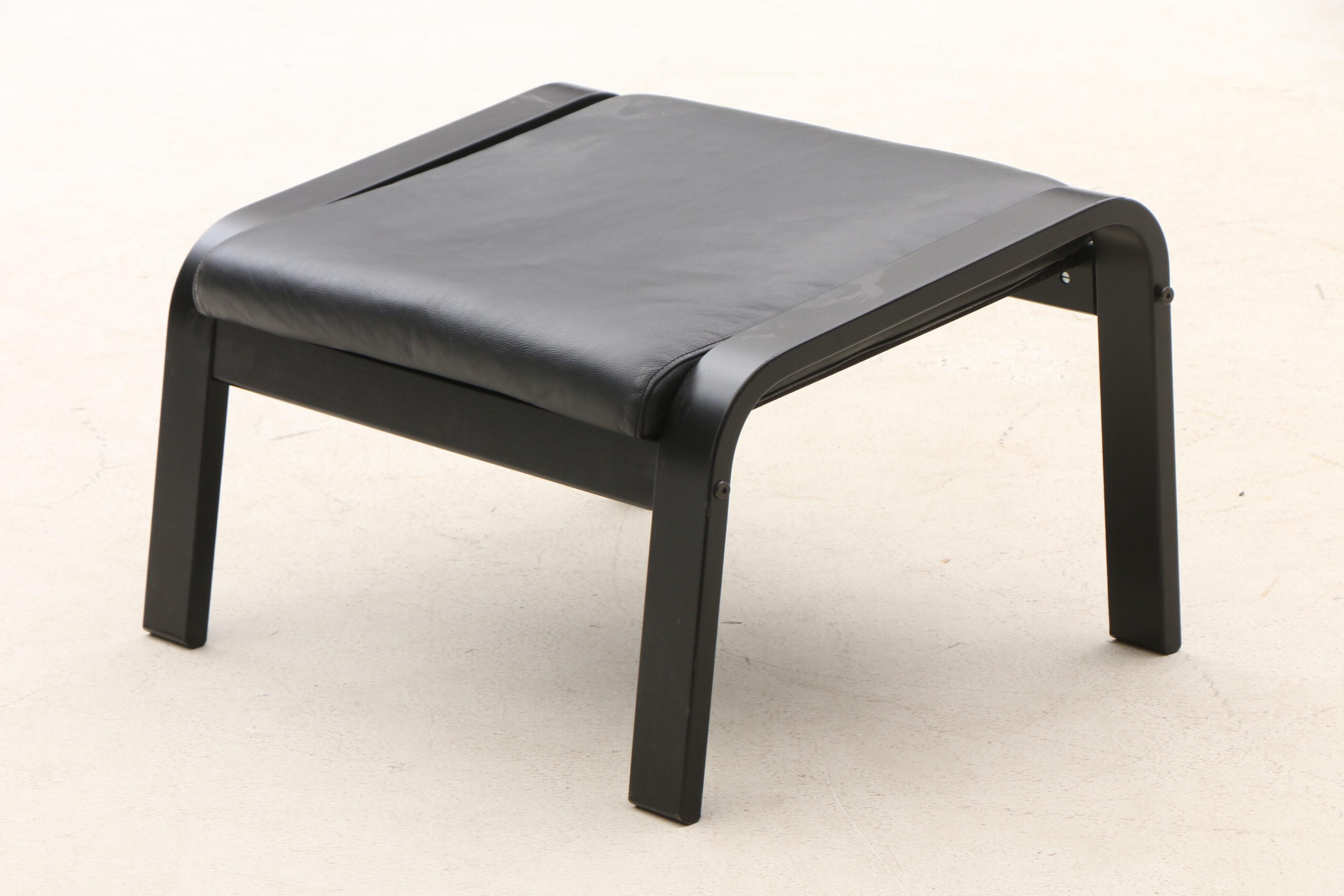 Ikea "Poang" Leather Lounge Chair with Ottoman in Black | EBTH