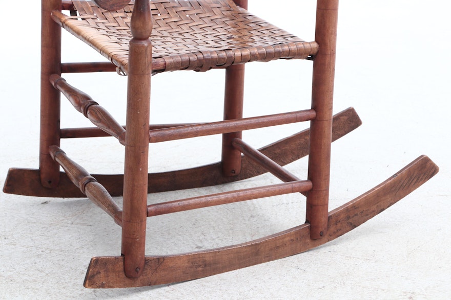 Antique Ladder Back Rocking Chair with Woven Seat and Removable Cushion