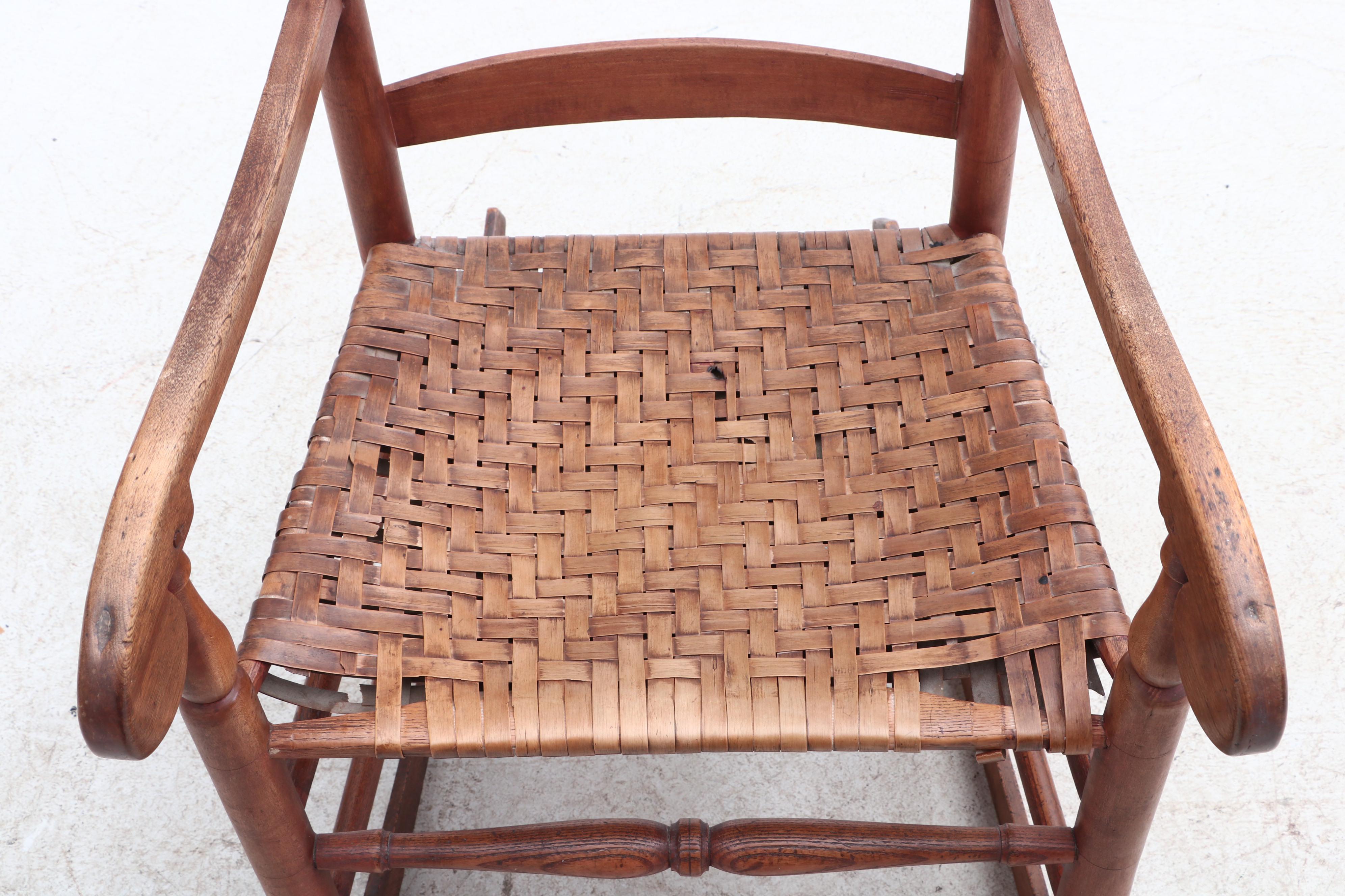 Antique Ladder Back Rocking Chair with Woven Seat and Removable Cushion