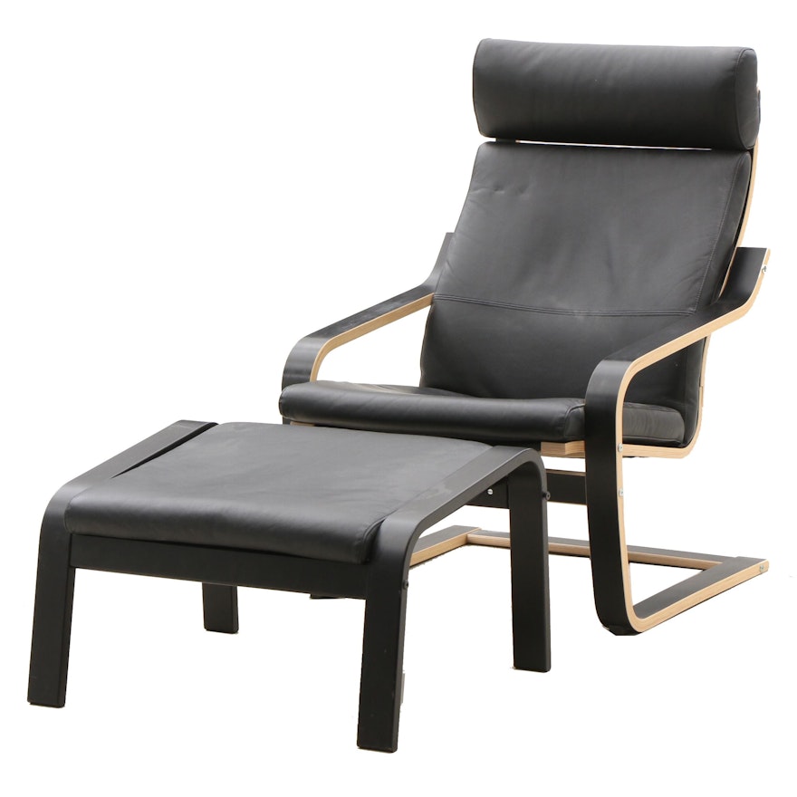 Ikea "Poang" Leather Lounge Chair with Ottoman in Black | EBTH