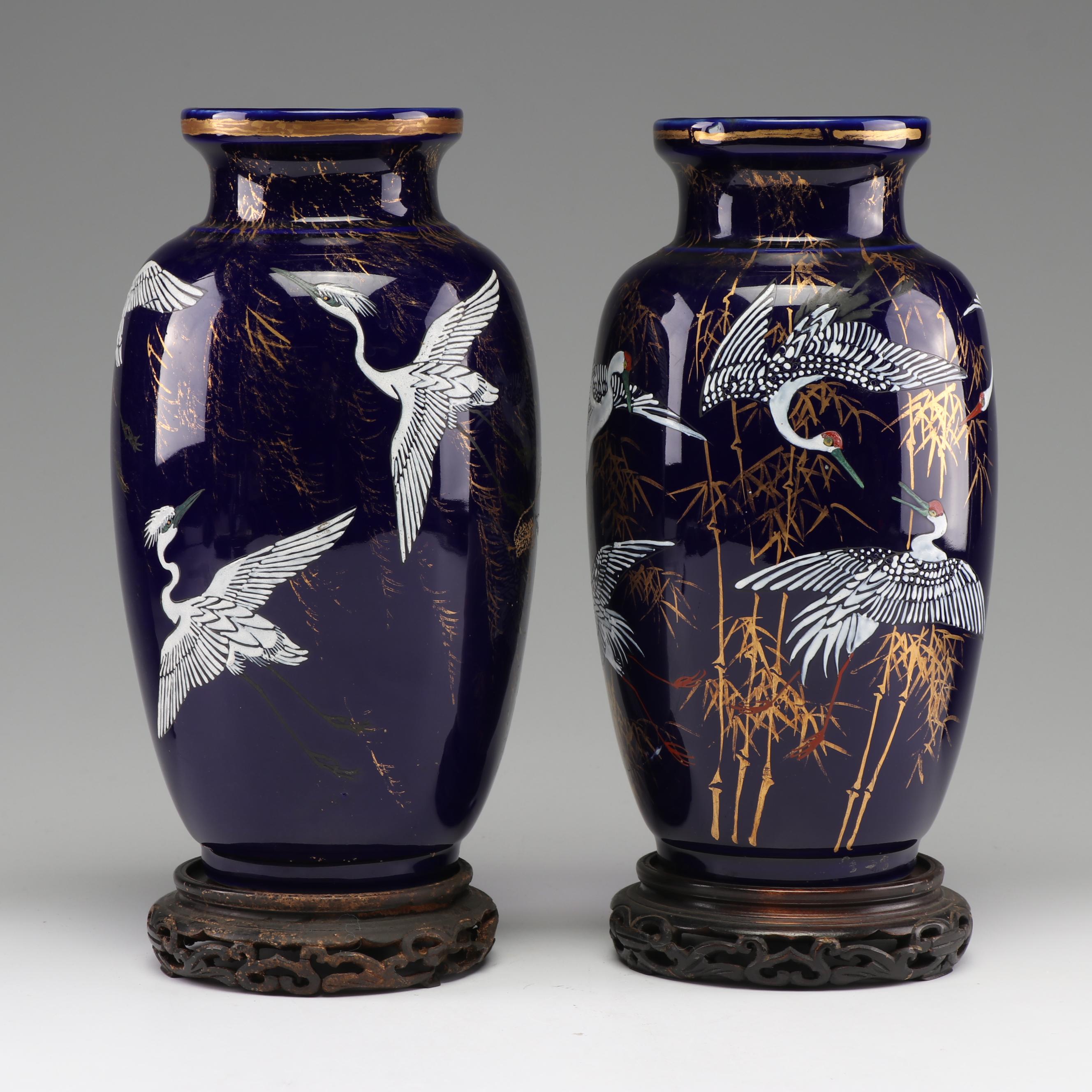 Japanese HandPainted Porcelain Vases with Gilt Crane Motif EBTH
