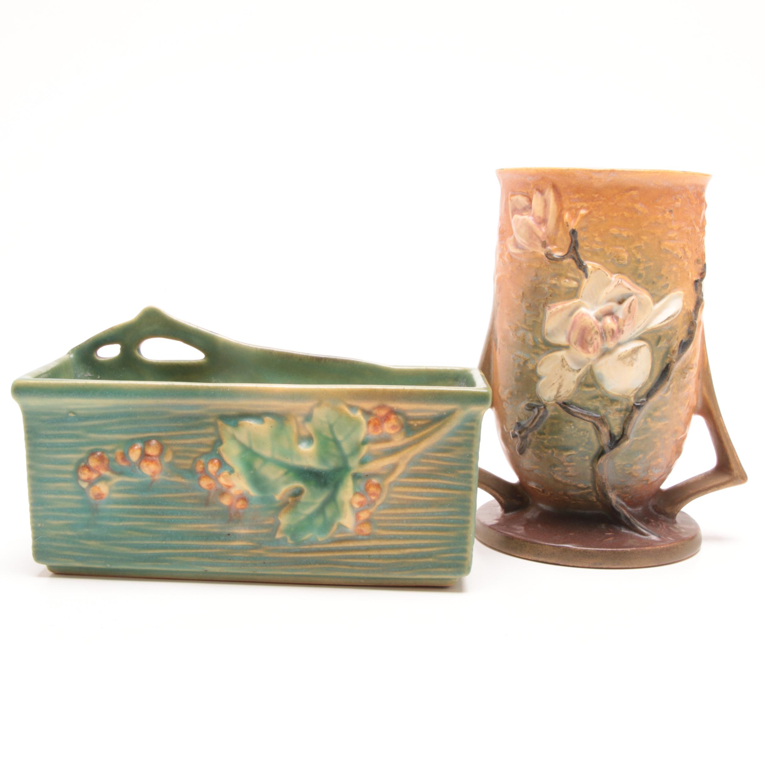 Roseville Pottery Magnolia Vase And Bushberry Window Box