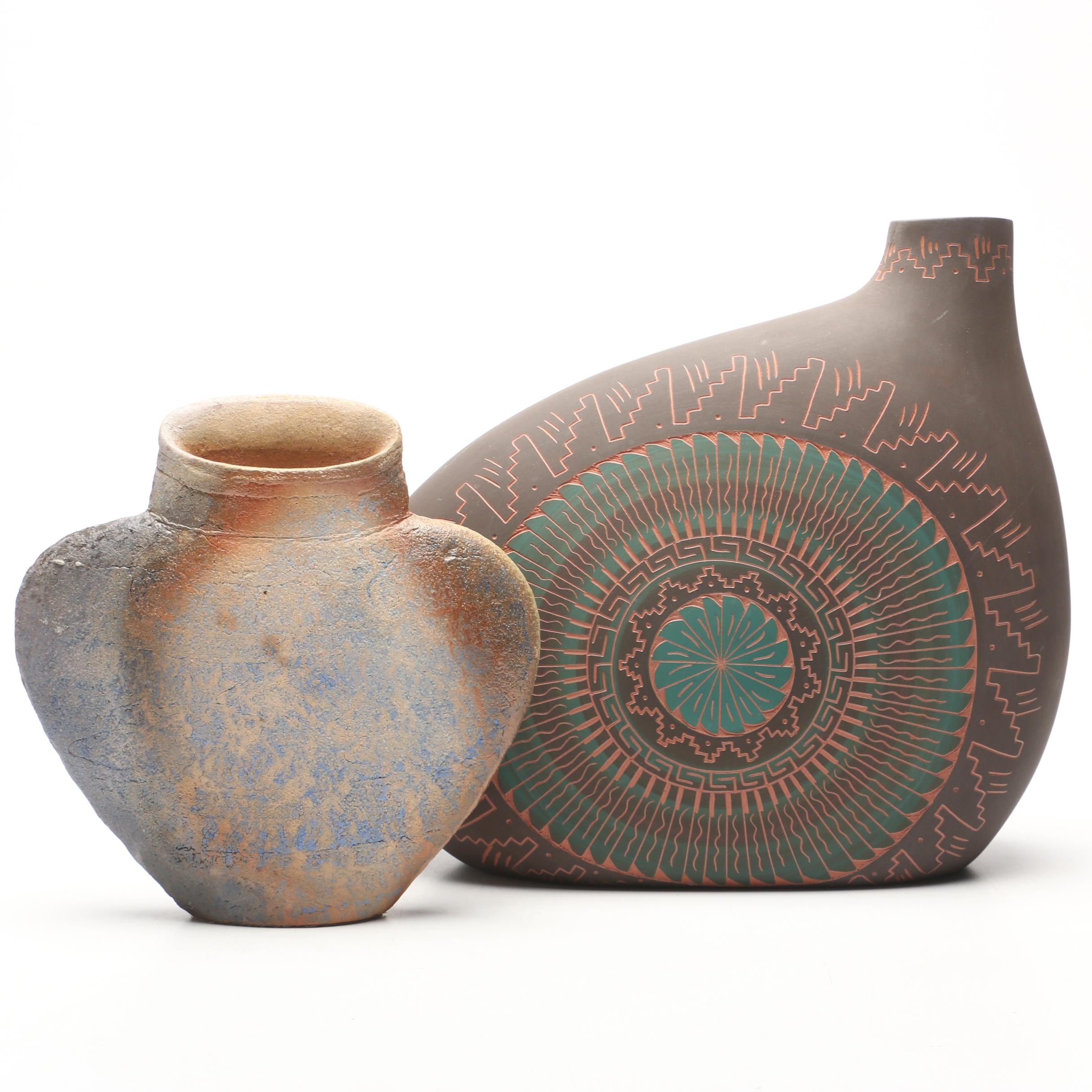 Sgraffito Southwestern Style And Flat Vases Featuring Martin
