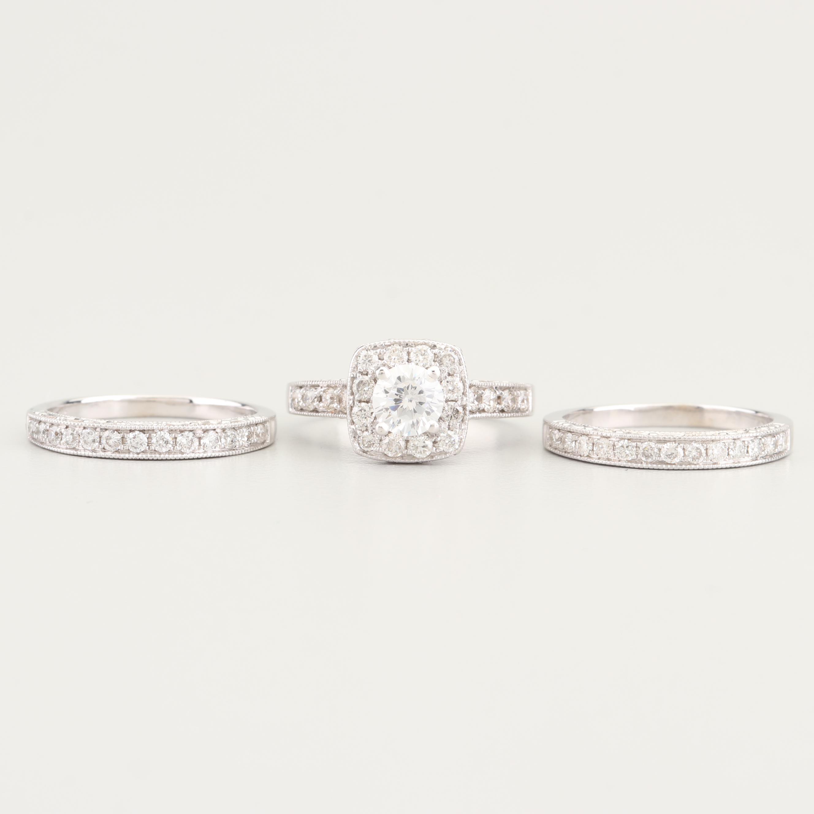 14K White Gold Diamond and Cubic Zirconia Three Ring Bridal Set EBTH