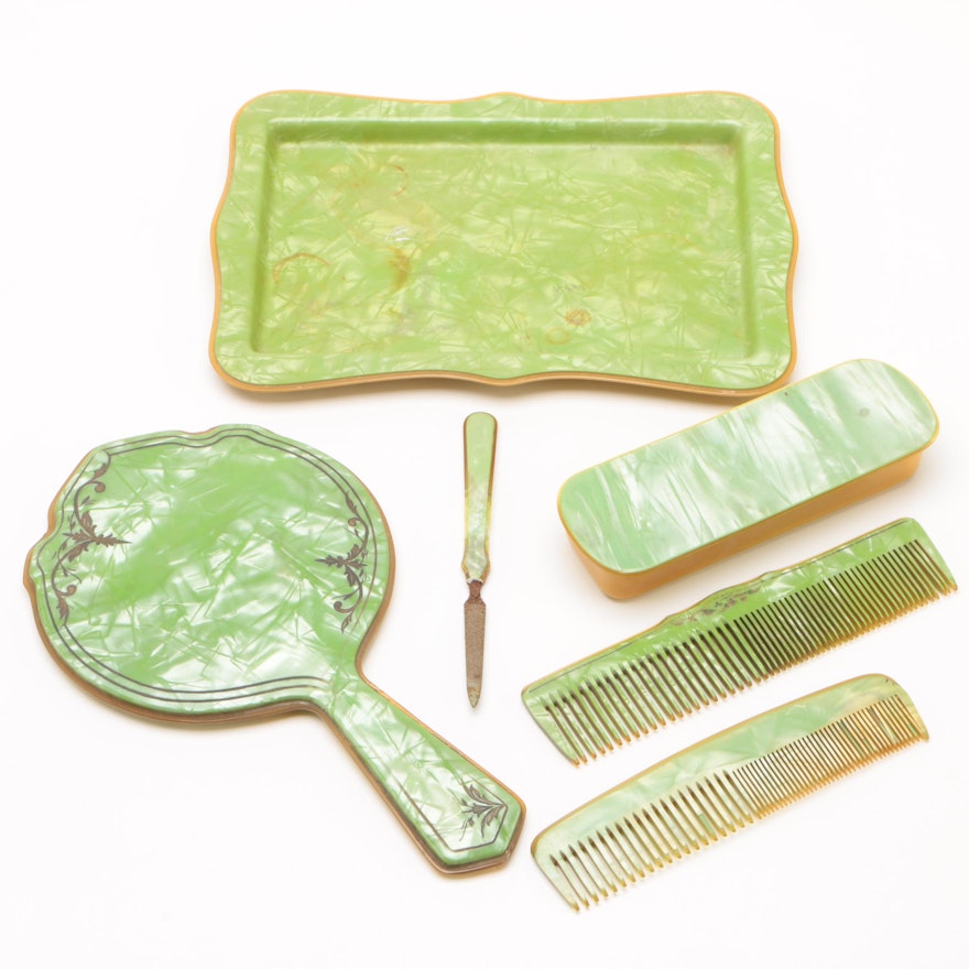 American Art Deco Green Pearlized Celluloid Vanity Dresser Set