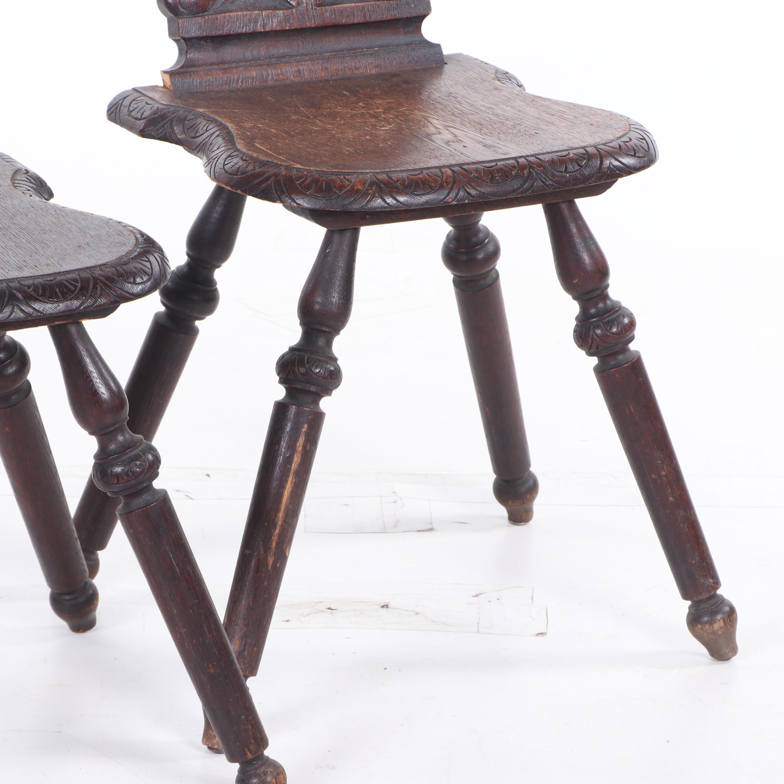 Carved Oak Sgabello Style "Green Man" Chairs, Late 19th Century EBTH