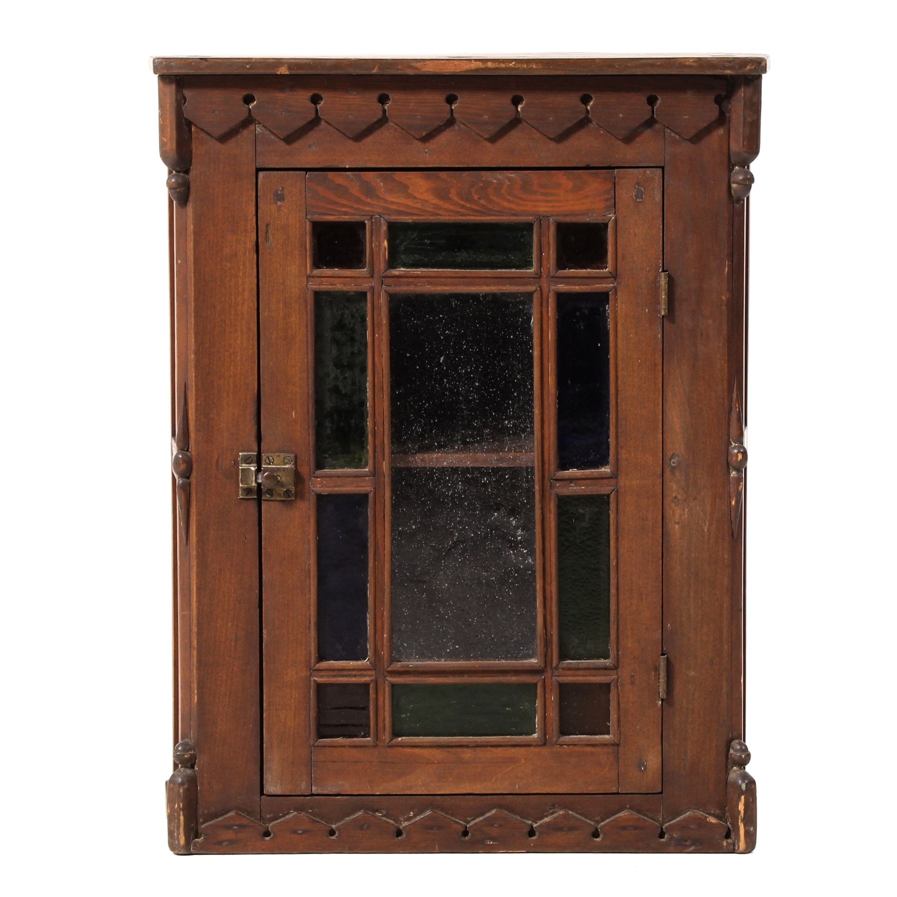 Hanging Wood Corner Display with Stain Glass Panes, Mid 19th Century EBTH