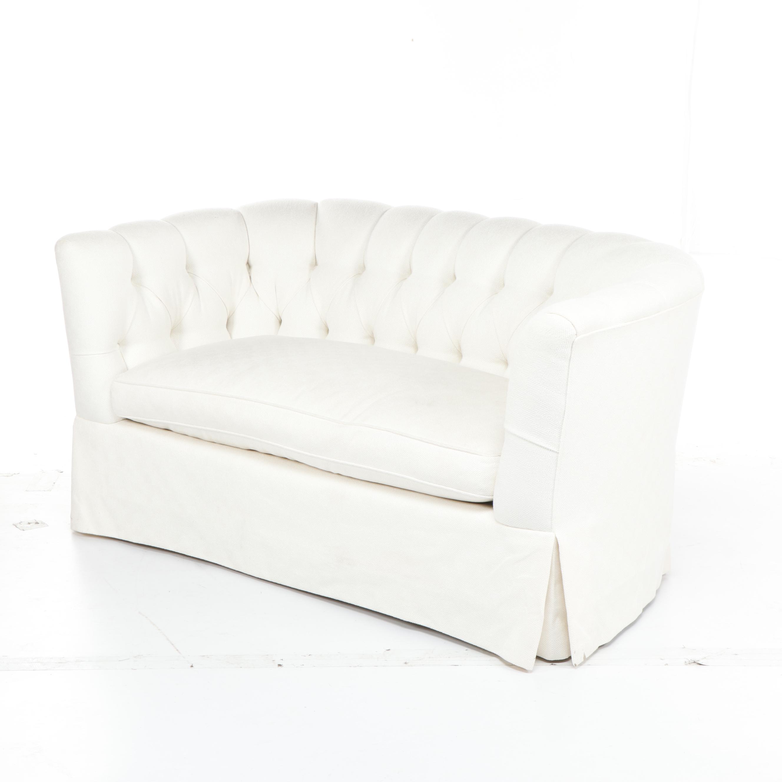 MidCentury White Upholstered Tufted Curved Back Sofa with Accent