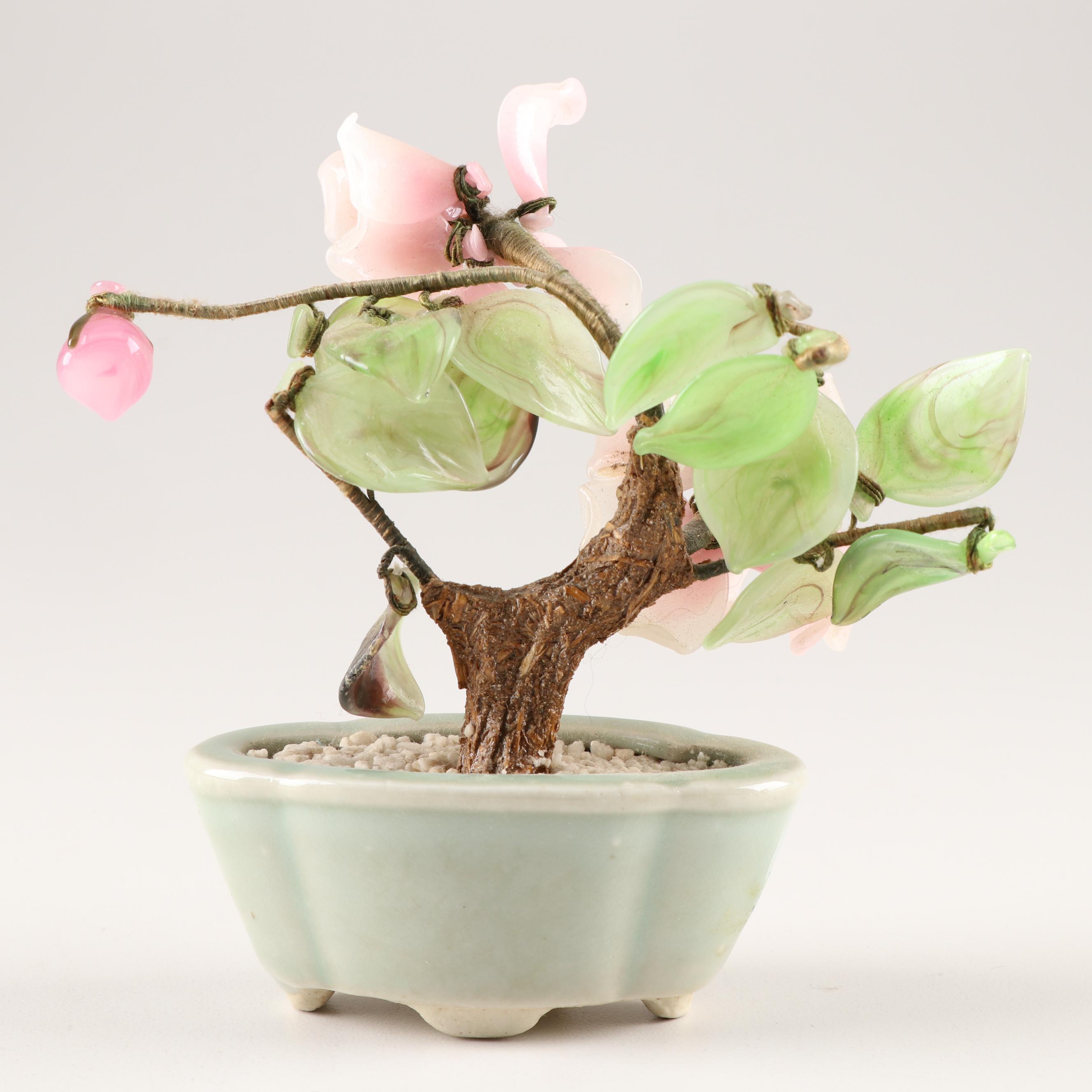 Chinese Carved Glass and Stone Bonsai Tree Figurines EBTH