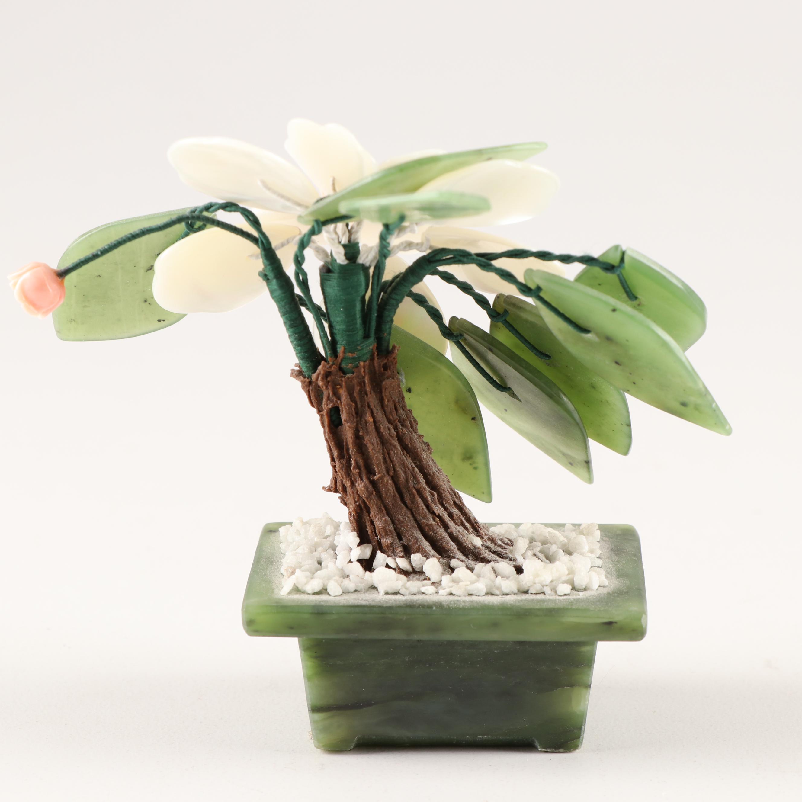 Chinese Carved Glass and Stone Bonsai Tree Figurines EBTH