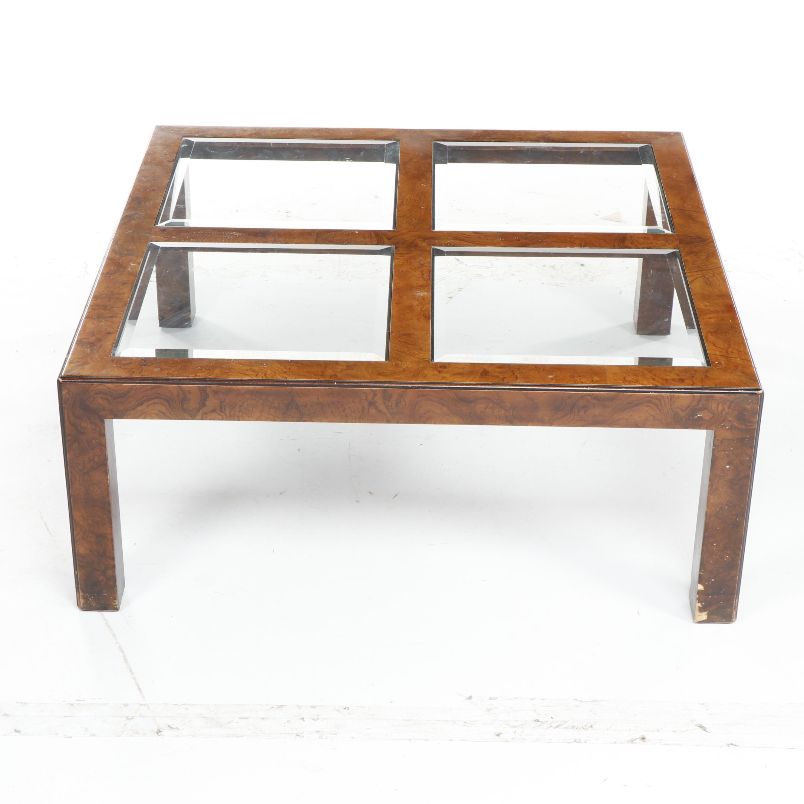 John Burled Oak Glass Top Coffee Table, Mid 20th Century EBTH