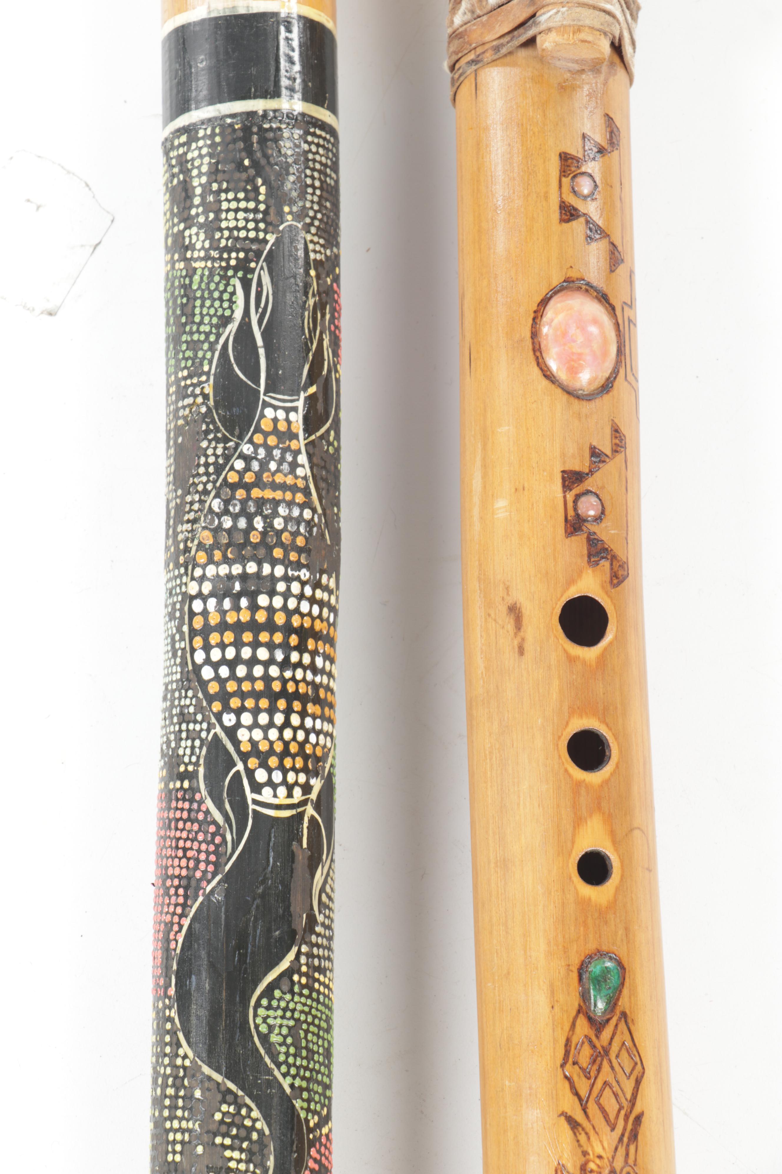 Wooden and Cowhide Flute and Rainstick with Ceramic Water Jug EBTH