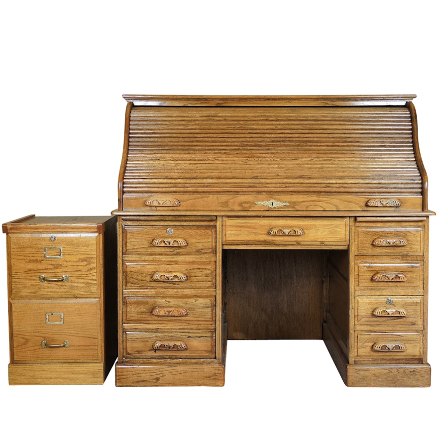 Oak Roll Top Desk And Filing Cabinet Ebth