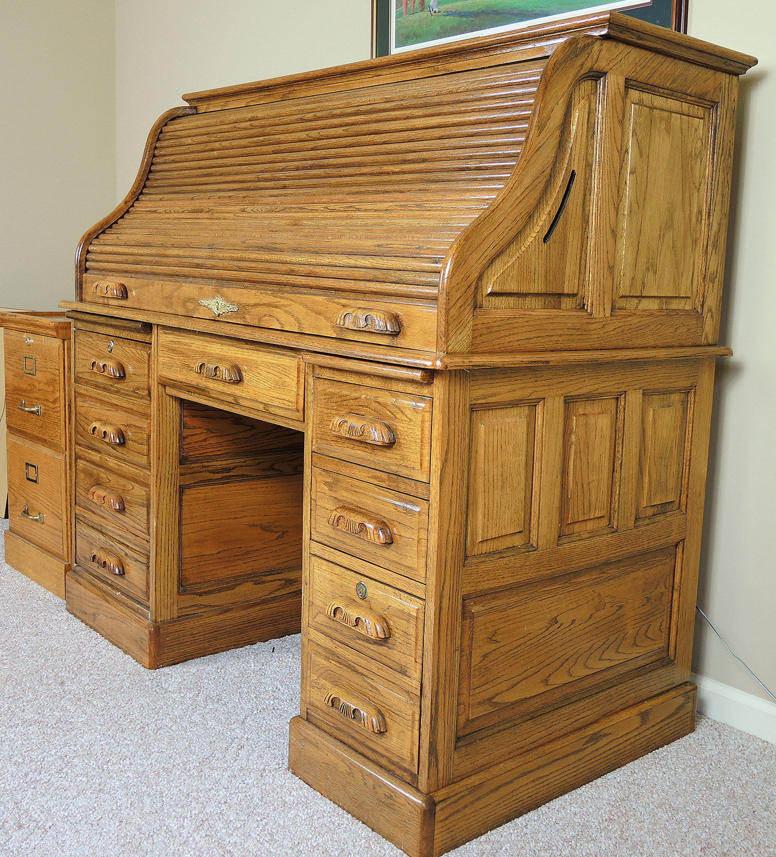 Oak Roll Top Desk and Filing EBTH