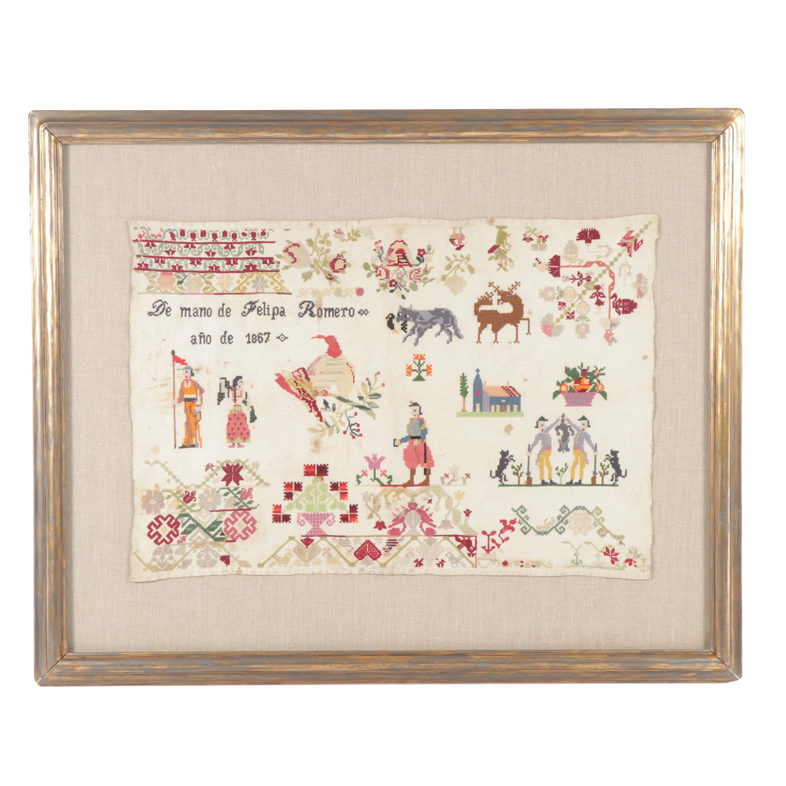 1867 Wool Needlepoint Spanish Sampler EBTH
