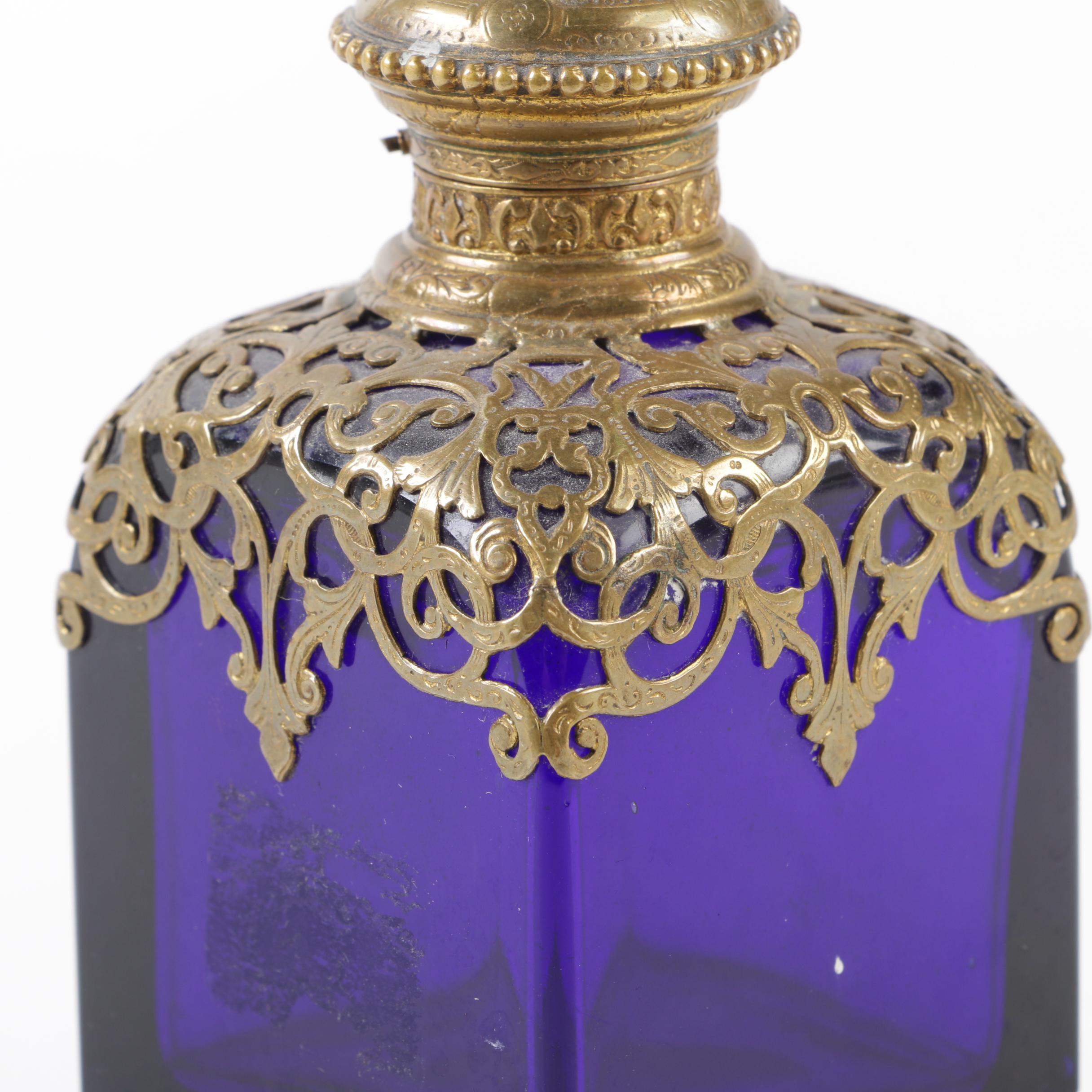 Gilt Metal Mounted Cobalt Glass Parisian Souvenir Perfume Bottle, Mid