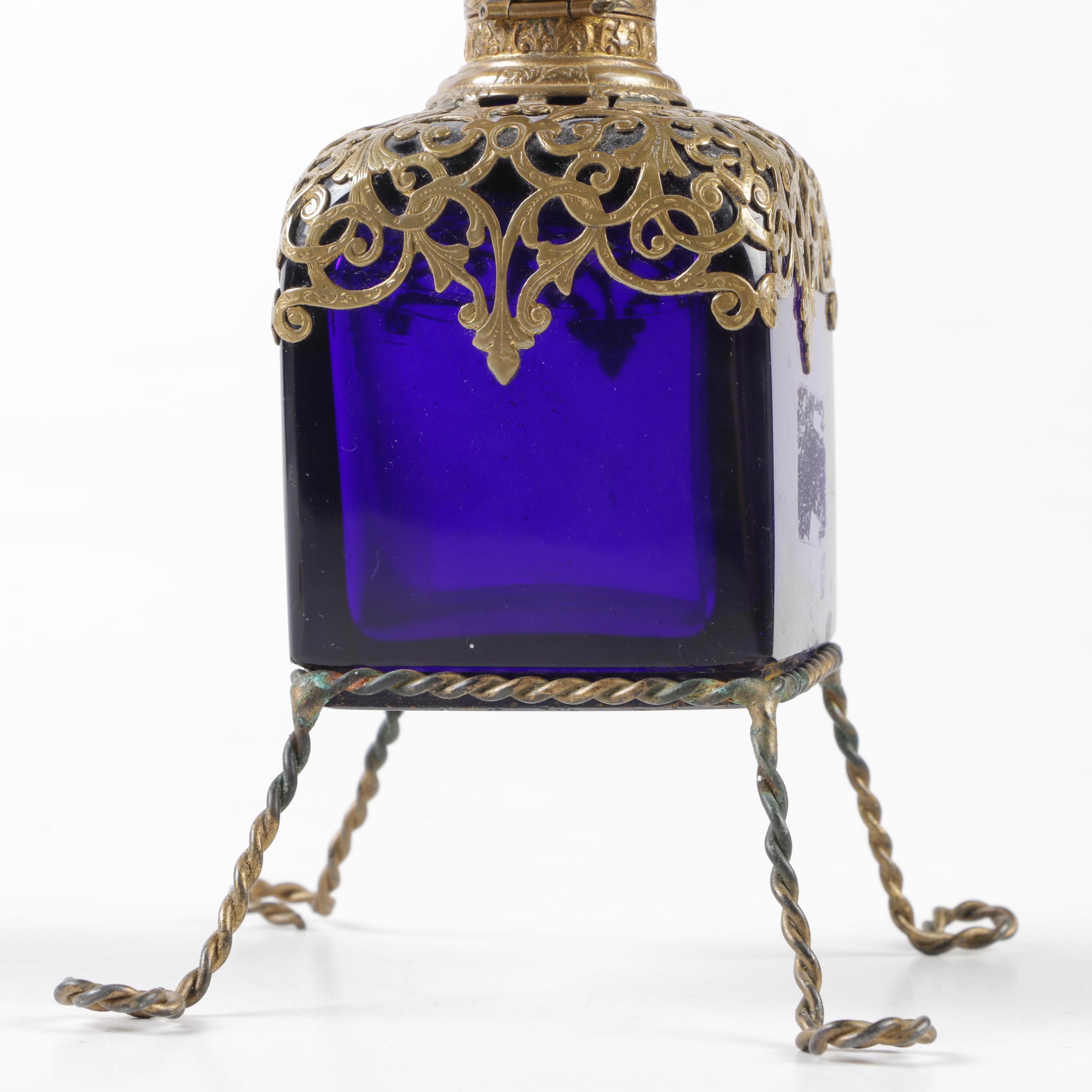 Gilt Metal Mounted Cobalt Glass Parisian Souvenir Perfume Bottle, Mid