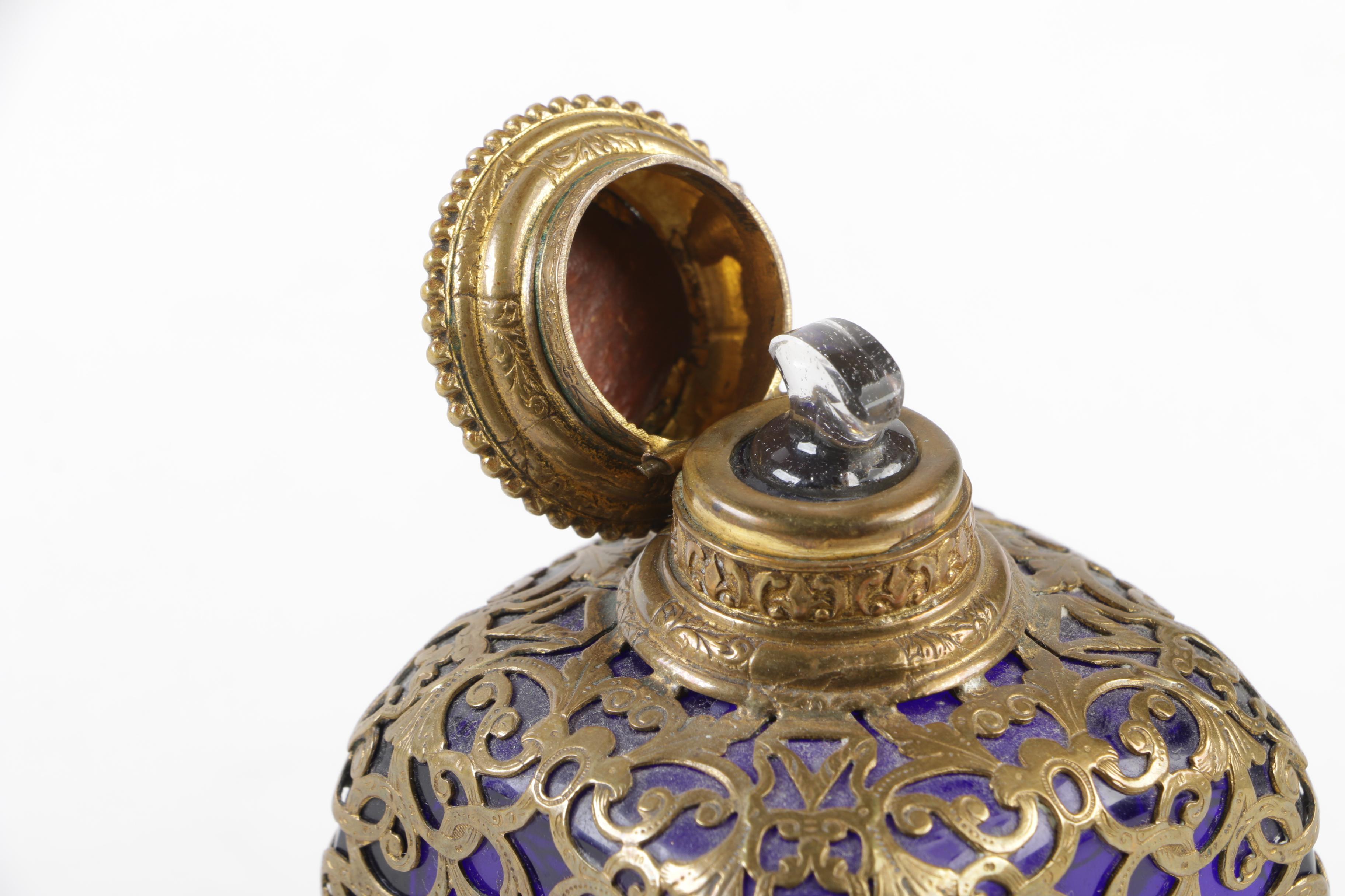 Gilt Metal Mounted Cobalt Glass Parisian Souvenir Perfume Bottle, Mid