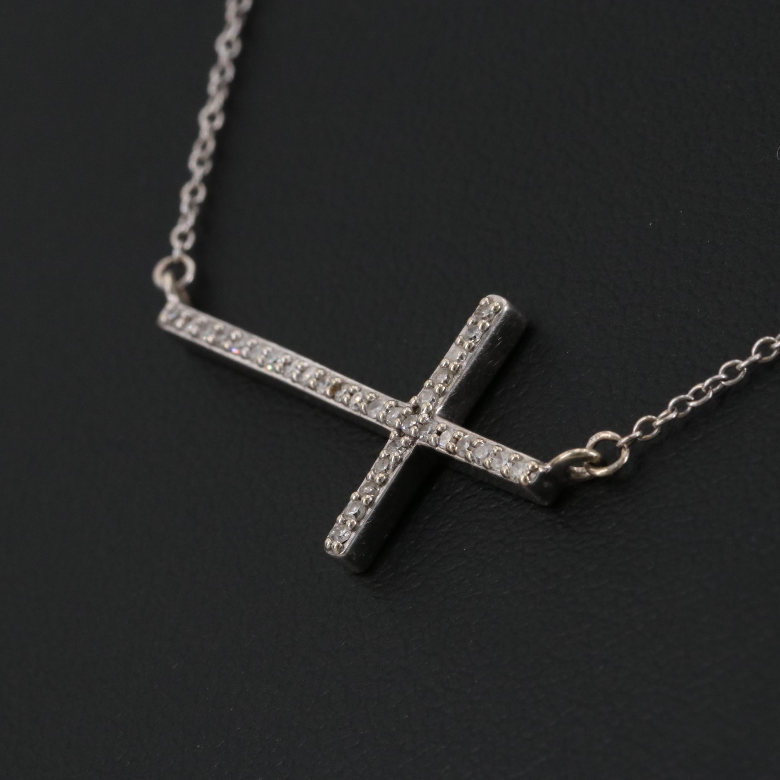 10K White Gold Diamond Cross Pendant Necklace EBTH