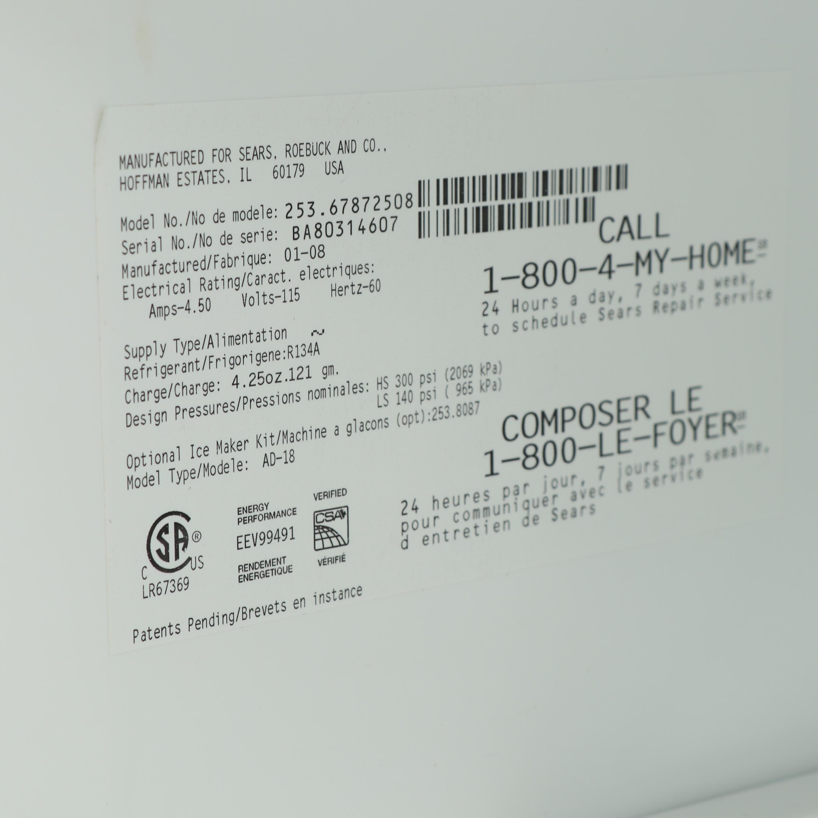 Kenmore Refrigerator Model AD18 EBTH