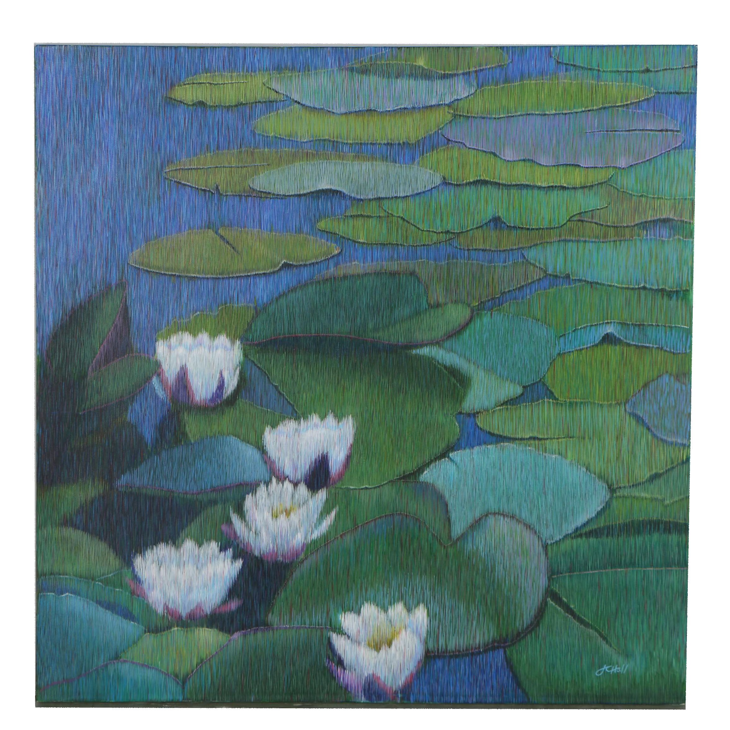 J C Hall Lineillist Acrylic Painting Of Lily Pads Ebth