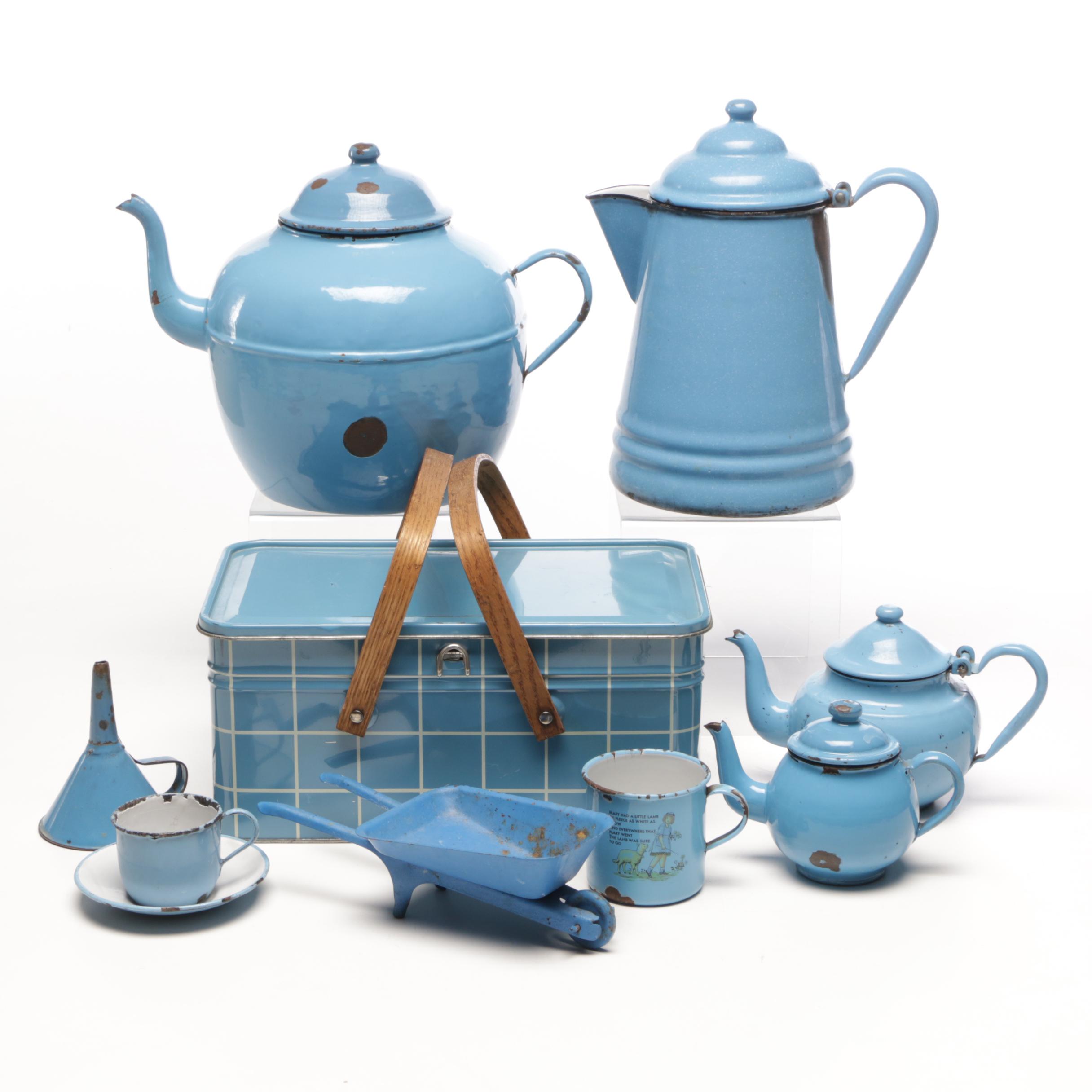Blue Enamel Pitcher, Large Tea Pot, and Other Kitchenware EBTH