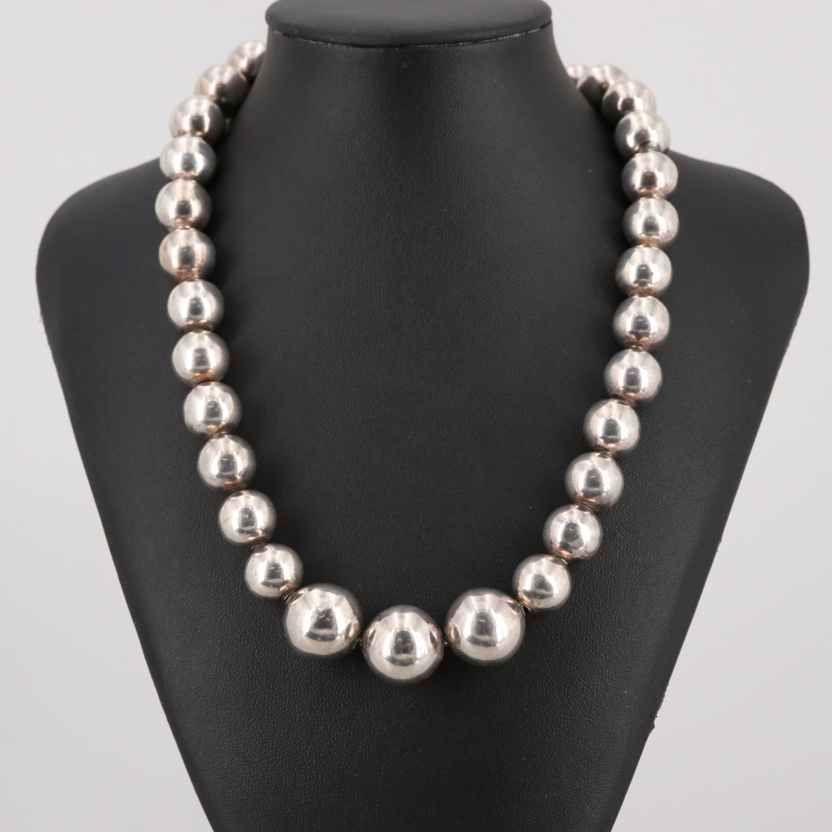 Taxco Mexico Sterling Silver Graduated Bead Necklace EBTH