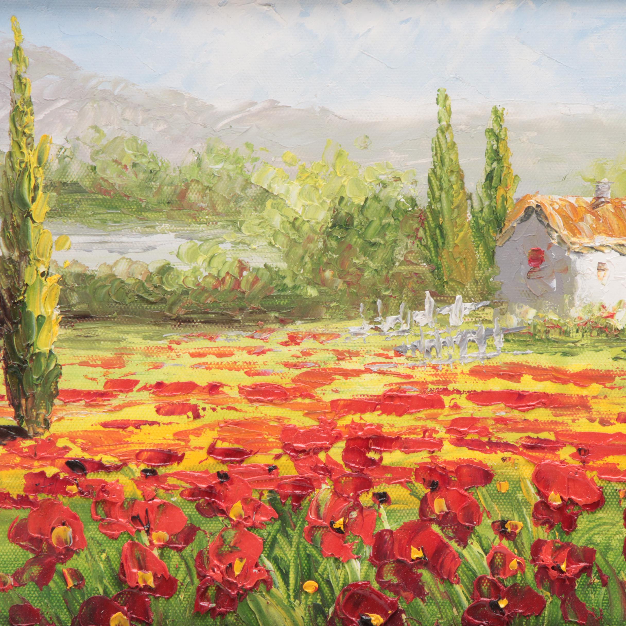 Oil Painting of House in Flowering Meadow EBTH