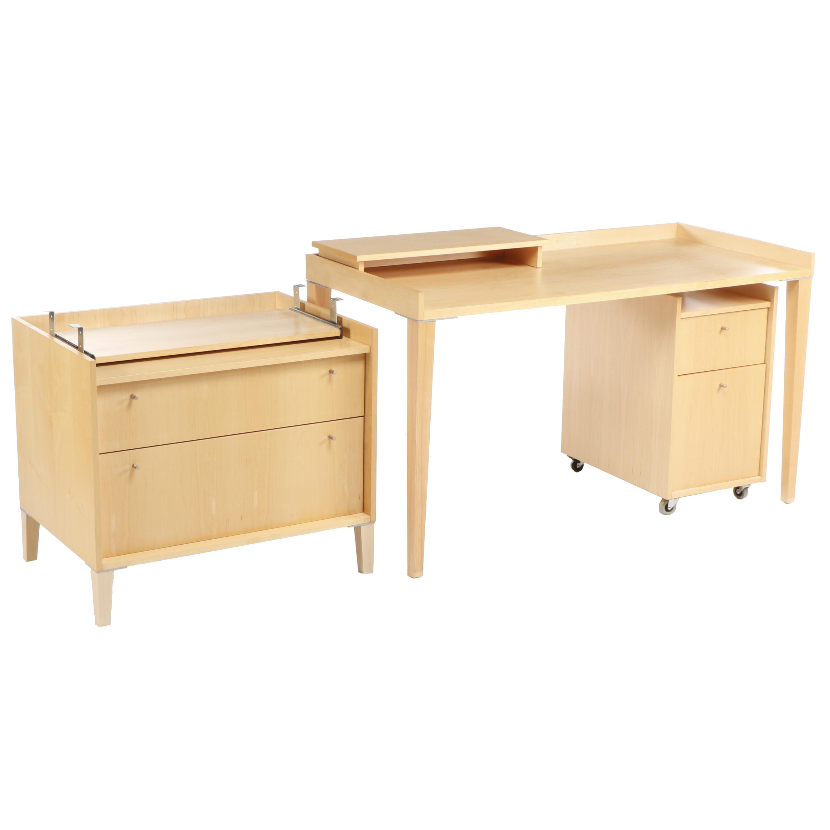 Contemporary Blonde Wood Veneered Office Set With Desk And Filing