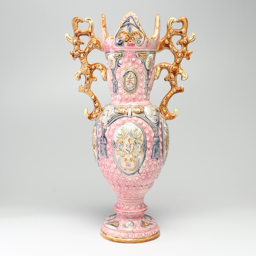 Rococo Style Pink Majolica Vase